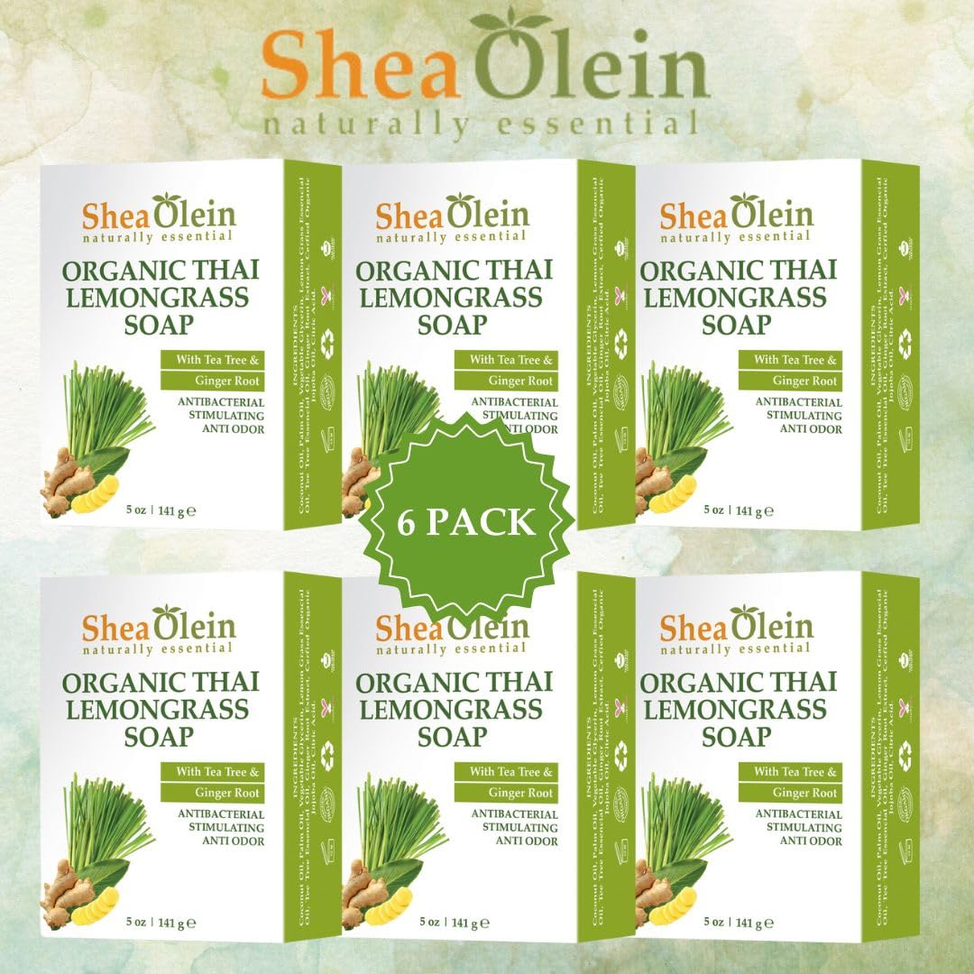 Organic Thai Lemongrass Shea Olein Soap Bar - Antibacterial, Anti-Odor with Tea Tree & Ginger Root - pH Balanced Natural Bar Soap for Refreshing Clean (5 oz, 6 Bars) - Perfect for Daily Shower, Spa Day & Travel Toiletries