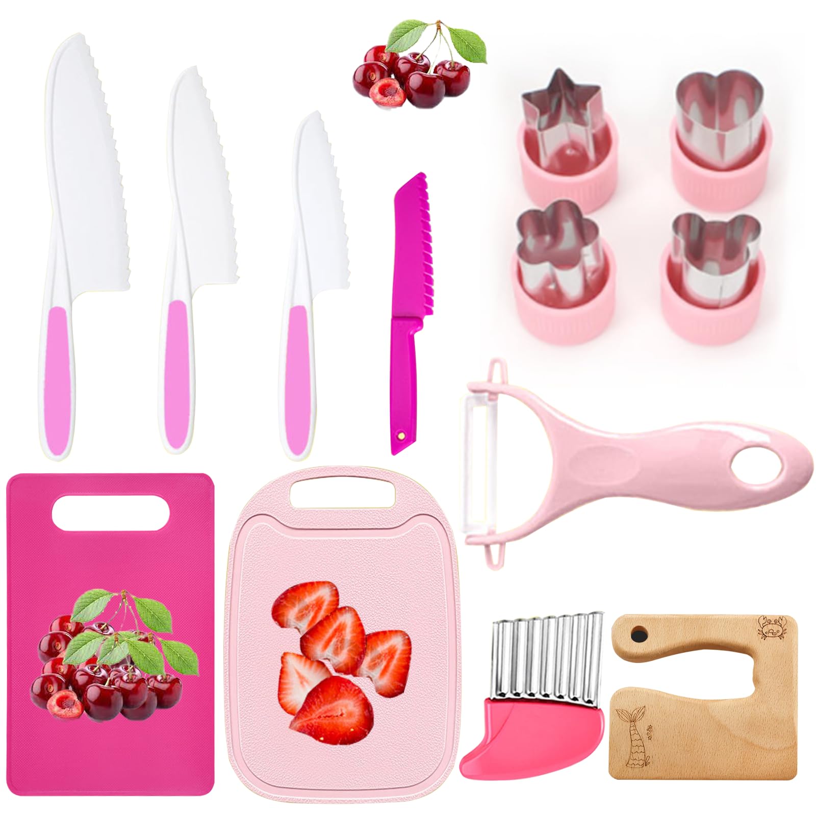 13-Piece Montessori Kitchen Tools Set for Toddlers - Kids Safe Cooking Utensils with Plastic Knives, Crinkle Cutter & Cutting Board - Perfect Gift for Girls - Ideal for Early Learning & Pretend Play
