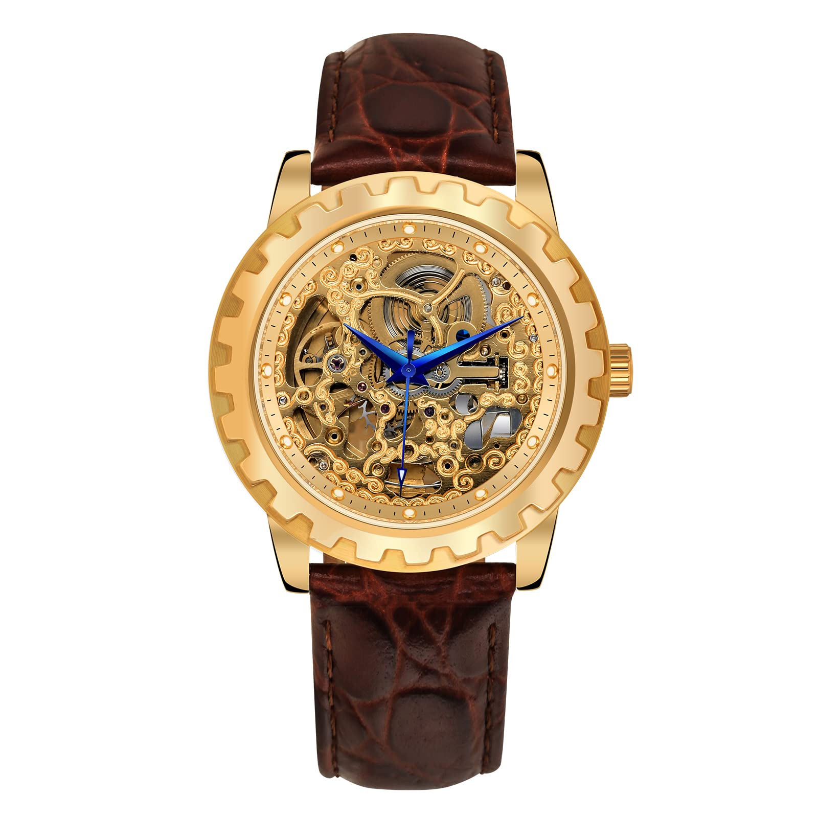 BERNY Luxury Automatic Skeleton Men's Watch - Gold Stainless Steel Dress Watch with Exhibition Back, Luminous Markers & Waterproof - Perfect for Business, Formal Events & Gift Giving