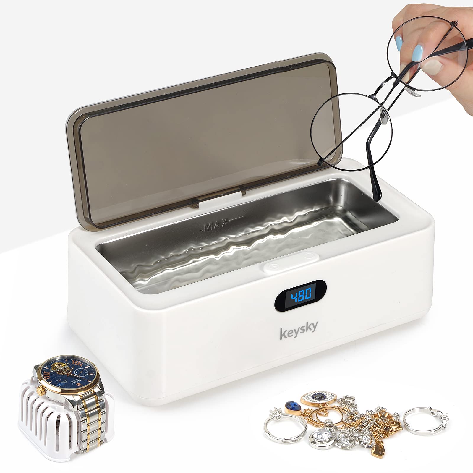500ML Ultrasonic Jewelry Cleaner for Gold, Silver, Rings & Earrings - Digital Sonic Cleaning Machine for Eyeglasses, Watches, Coins & Retainers - Home & Travel Use with 5 Timer Settings | Perfect for Daily Jewelry Care, Travel Accessories & Small Item Cleaning