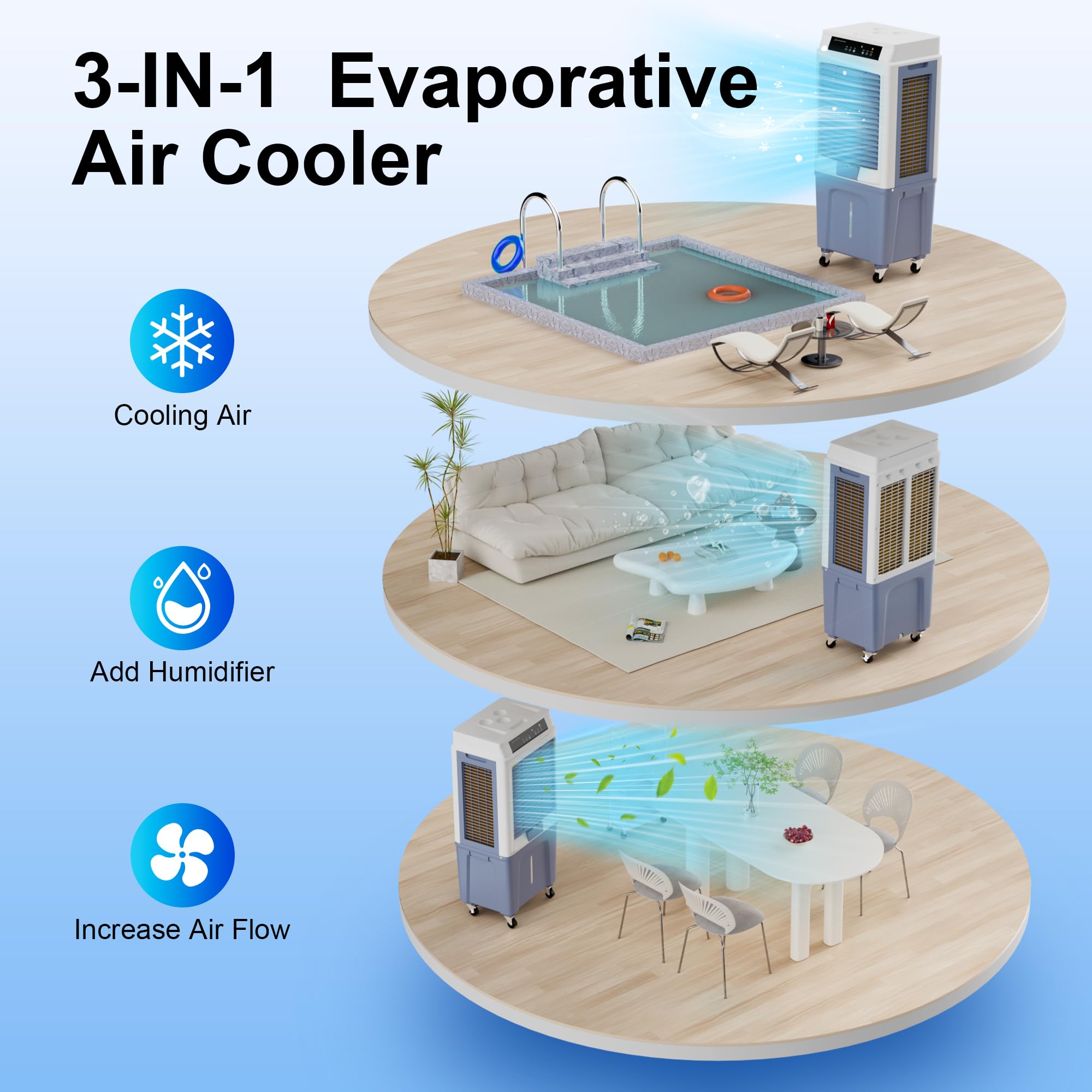 3288CFM Evaporative Air Cooler with 10.6-Gal Water Tank - Portable Swamp Cooler with Water Level Alarm, 3 Speed Settings & 12H Timer - Indoor Outdoor Air Conditioner Alternative for Patio, Garage, Workshop, and Home Cooling (42 Inch)