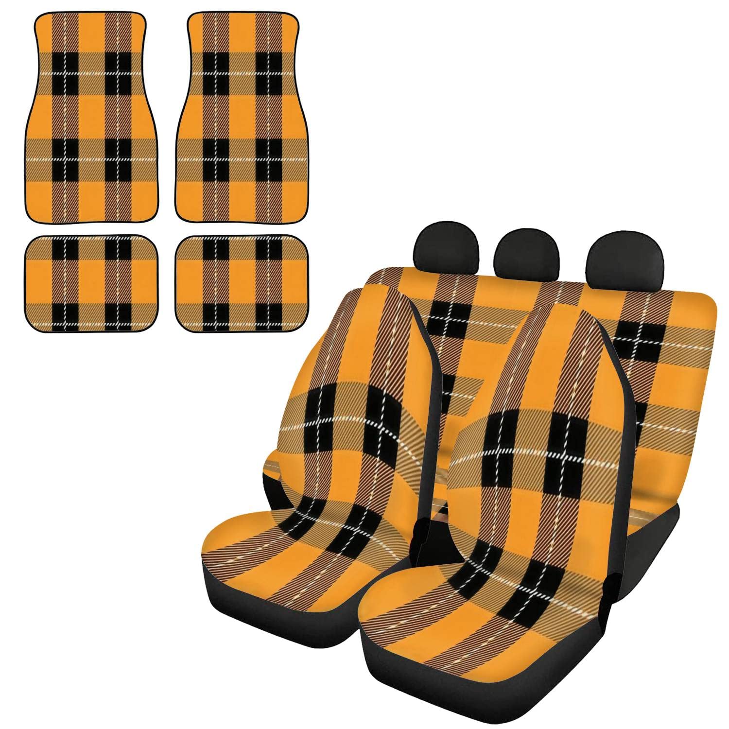 Orange Tartan Plaid Car Seat Covers Full Set - 4-Piece Car Floor Mats, Front & Rear Seat Covers with Headrest Protectors - Universal Fit for Most Vehicles - Perfect for Road Trips, Daily Commute and Auto Interior Decoration