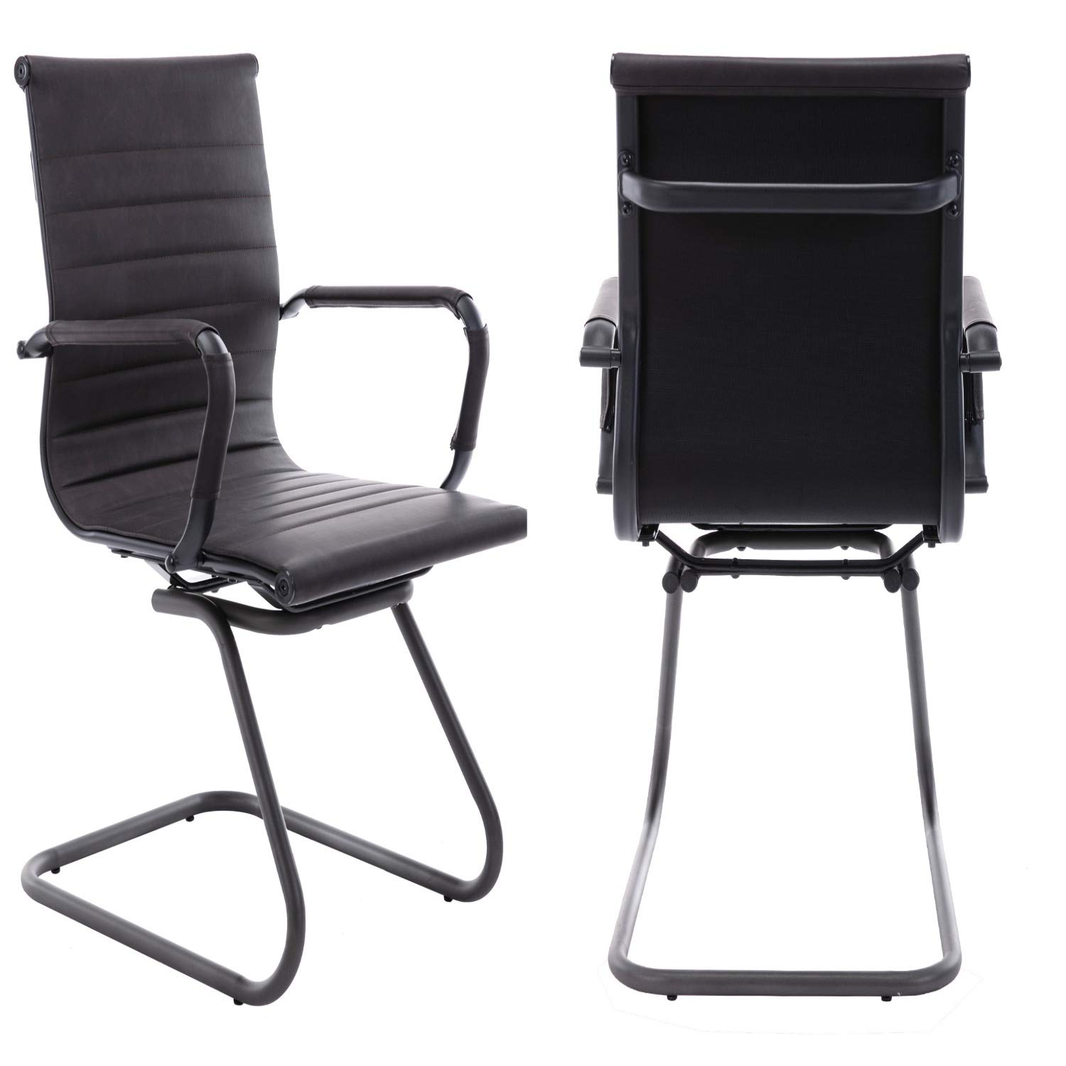 Ergonomic Office Reception Chairs - No Wheels Leather Conference Chairs with Lumbar Support - Set of 2 Guest Chairs in Vintage Charcoal - Perfect for Waiting Areas, Conference Rooms & Home Offices