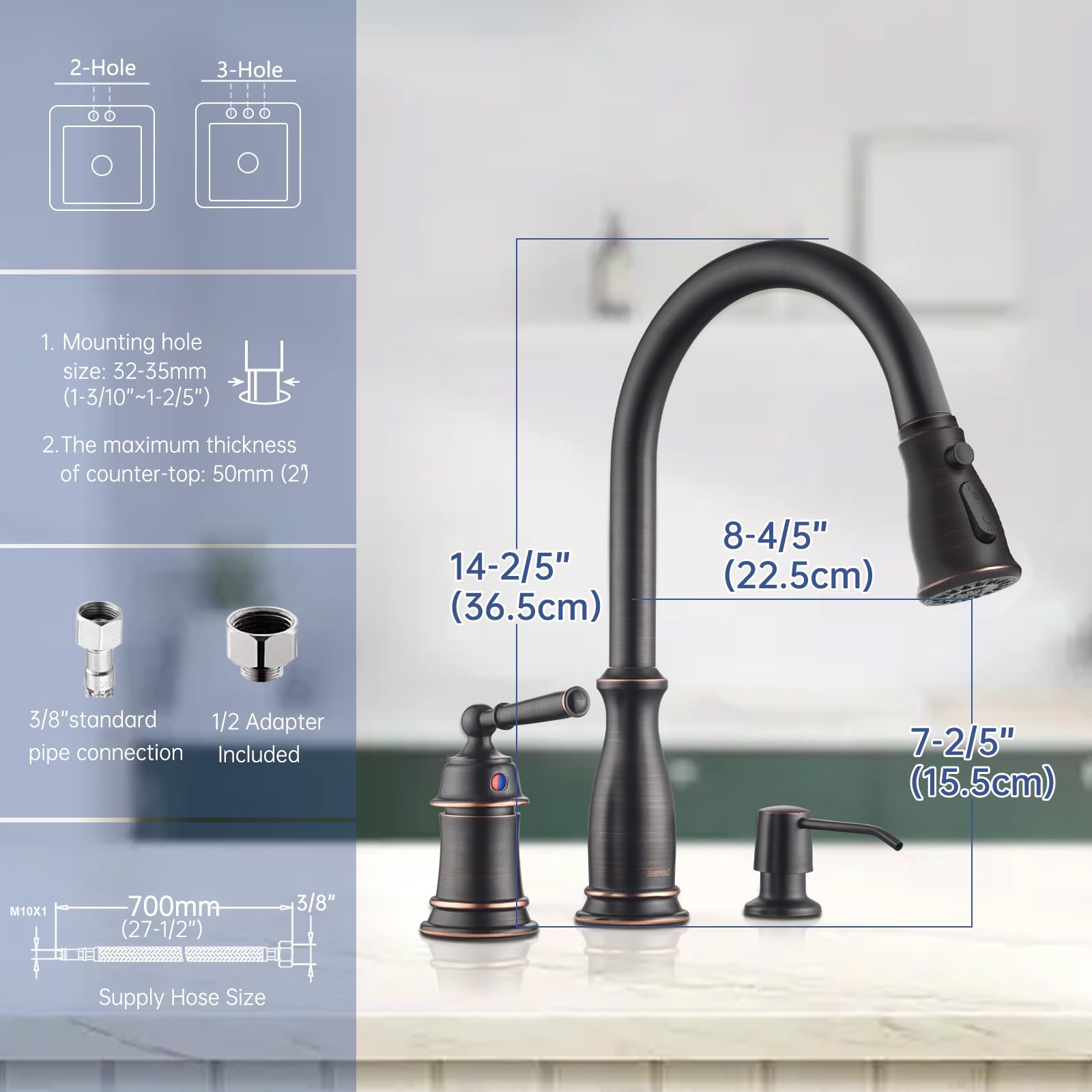 DAYONE 3-Hole Kitchen Sink Faucet with Soap Dispenser & Separate Handle - Oil Rubbed Bronze Pull Down Sprayer, High Arc Single Handle Design (DAY-279ORB) - Perfect for Modern Kitchens & Food Prep Stations