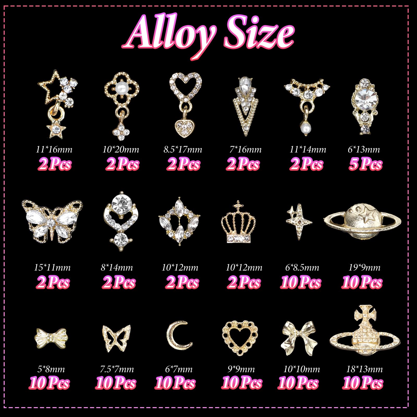 3D Nail Charms and Gems - Dangle Charms, AB Rhinestones, Flatback Pearls for Nail Art - Butterfly, Heart, Star, Crown, Planet Gold Decorations - DIY Nail Art Supplies for Parties, Weddings, and Special Occasions