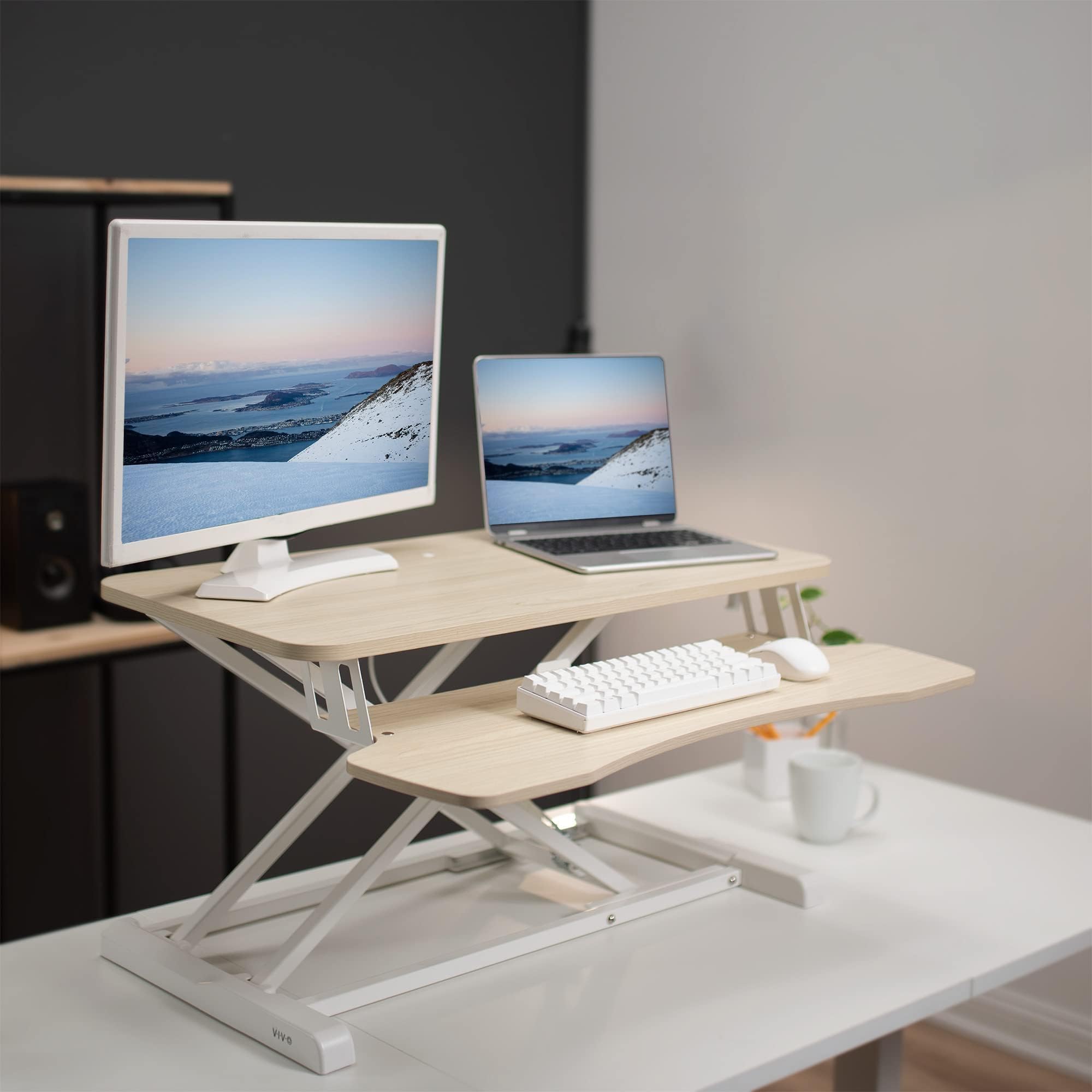 VIVO K Series 32 Inch Height Adjustable Sit Stand Desk Converter - Dual Monitor & Laptop Workstation with Wide Keyboard Tray, Light Wood Top & White Frame (DESK-V000KF) - Perfect for Home Office, Gaming Setup & Ergonomic Workspace