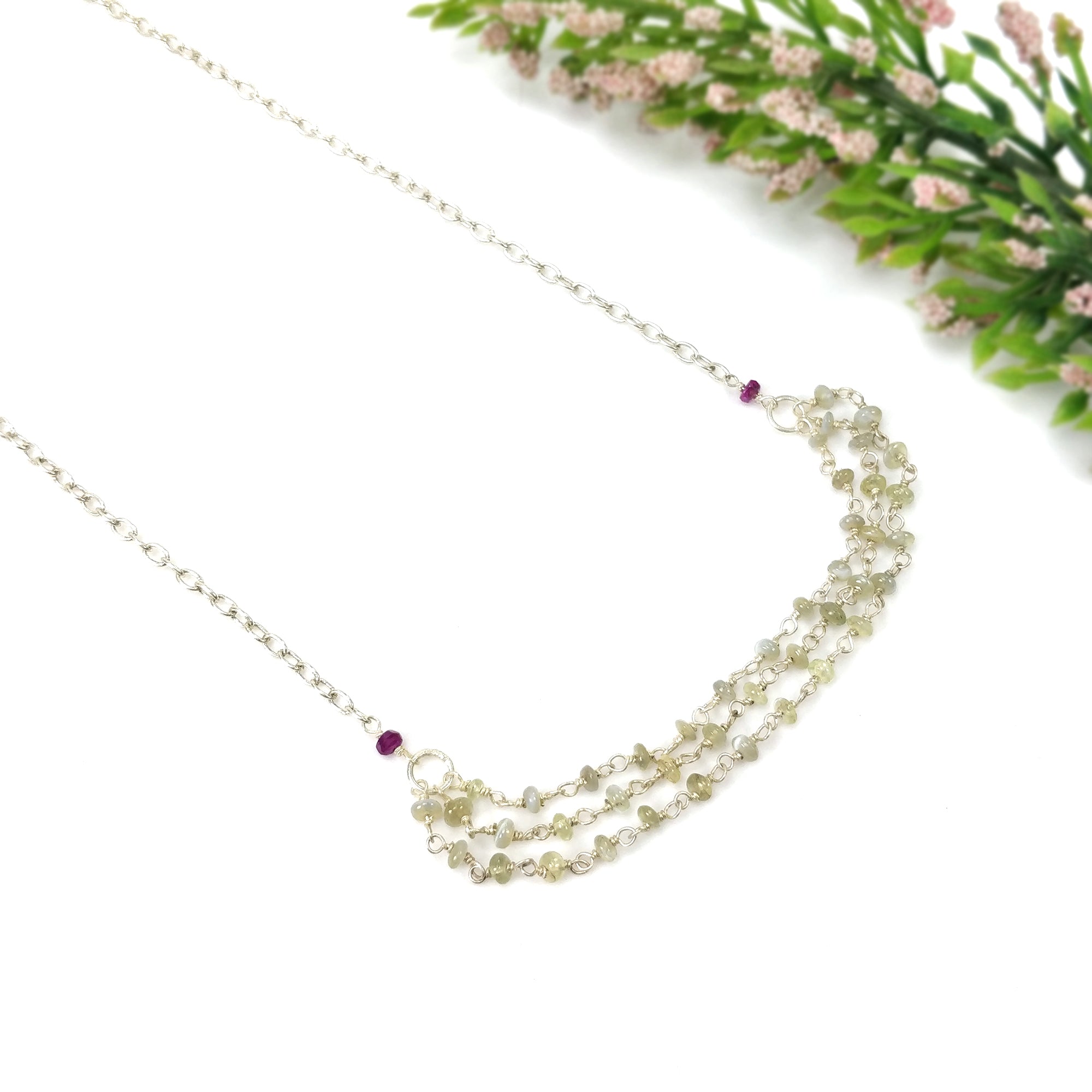Natural Chrysoberyl Cat's Eye & Ruby Beaded Necklace - 27.65cts Untreated Gemstones with 925 Sterling Silver (3mm-3.5mm, 19