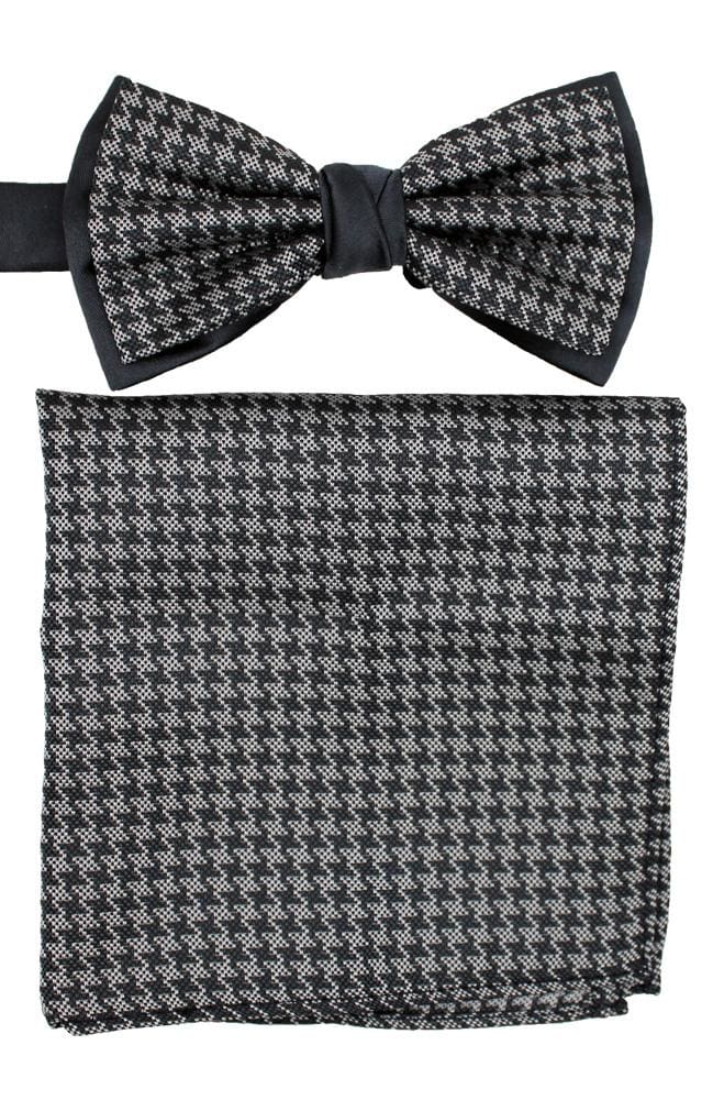 L.A. Smith Poly Black Dogtooth Bow Tie and Pocket Square Set - Classic Formal Accessories for Weddings, Prom & Business Events