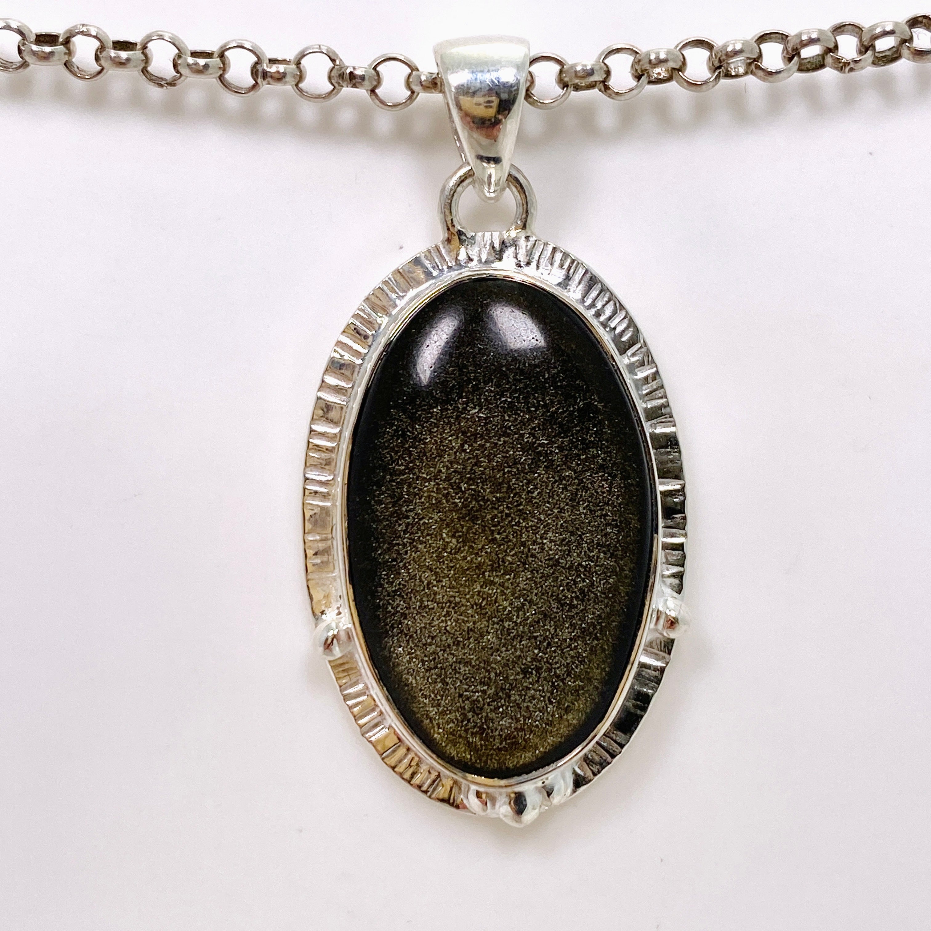 Goldsheen Obsidian Oval Cabochon Pendant - Handcrafted Jewelry with Decorative Silver Setting KPGJ4757 | Perfect for Meditation, Energy Healing & Boho Fashion