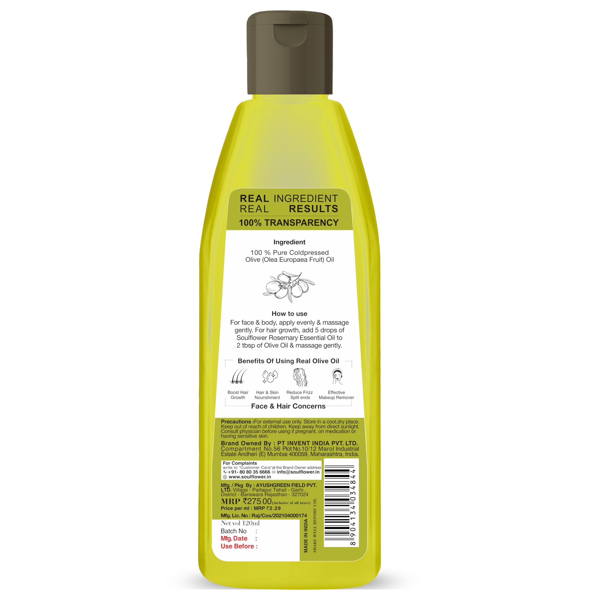 Soulflower 100% Pure Cold-Pressed Olive Oil for Hair Growth & Repair - Anti Hair Fall, Strengthens & Moisturizes Hair, Reduces Fine Lines & Wrinkles - Natural Makeup Primer (120ml) - Perfect for Daily Hair Care & Skin Hydration