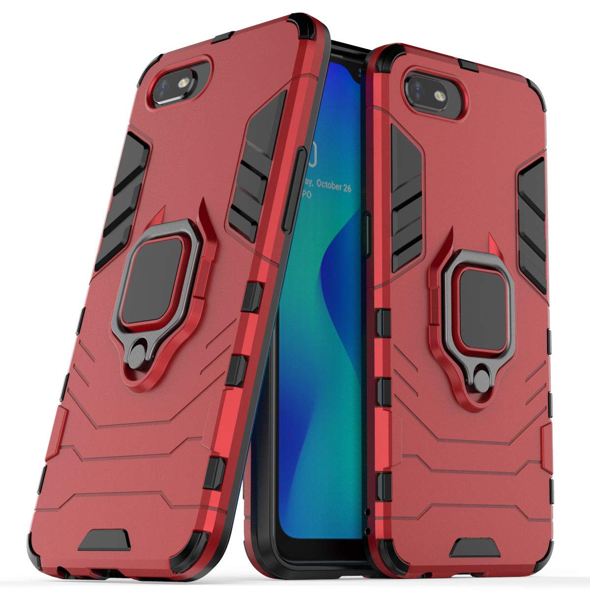 LuluMain Shockproof Hard Bumper Case for Oppo A1K & Realme C2 - Metal Ring Grip with Kickstand | Magnetic Car Mount Compatible | Dual Layer Rugged Cover (Red) - Perfect for Outdoor Activities & Daily Protection
