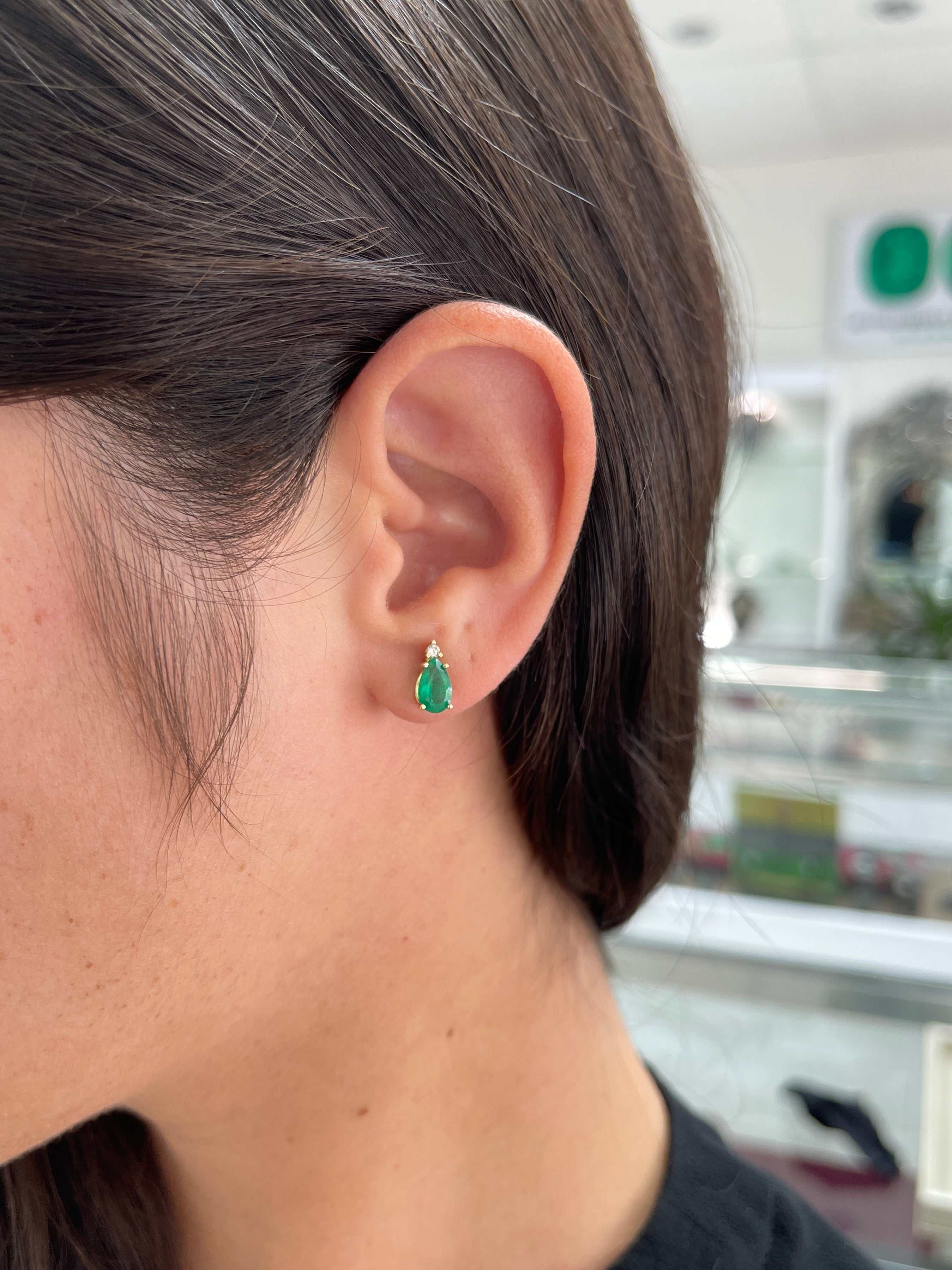 1.66tcw Natural Emerald and Diamond Stud Earrings in 14K Gold - Elegant Teardrop Design for Women, Perfect for Weddings, Parties & Special Occasions
