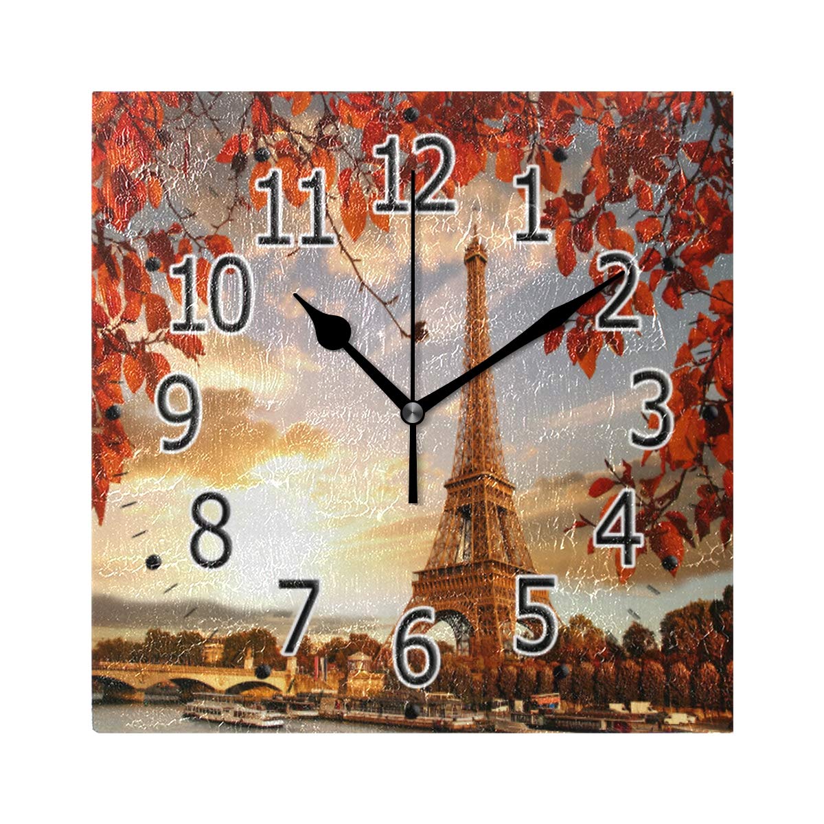 Square Wall Clock with Autumn Leaf & Eiffel Tower Design - Battery Operated Silent Non-Ticking Wall Clock for Living Room, Bedroom, Kitchen, Office - Perfect for Home Decor, Gifts, and Workspace