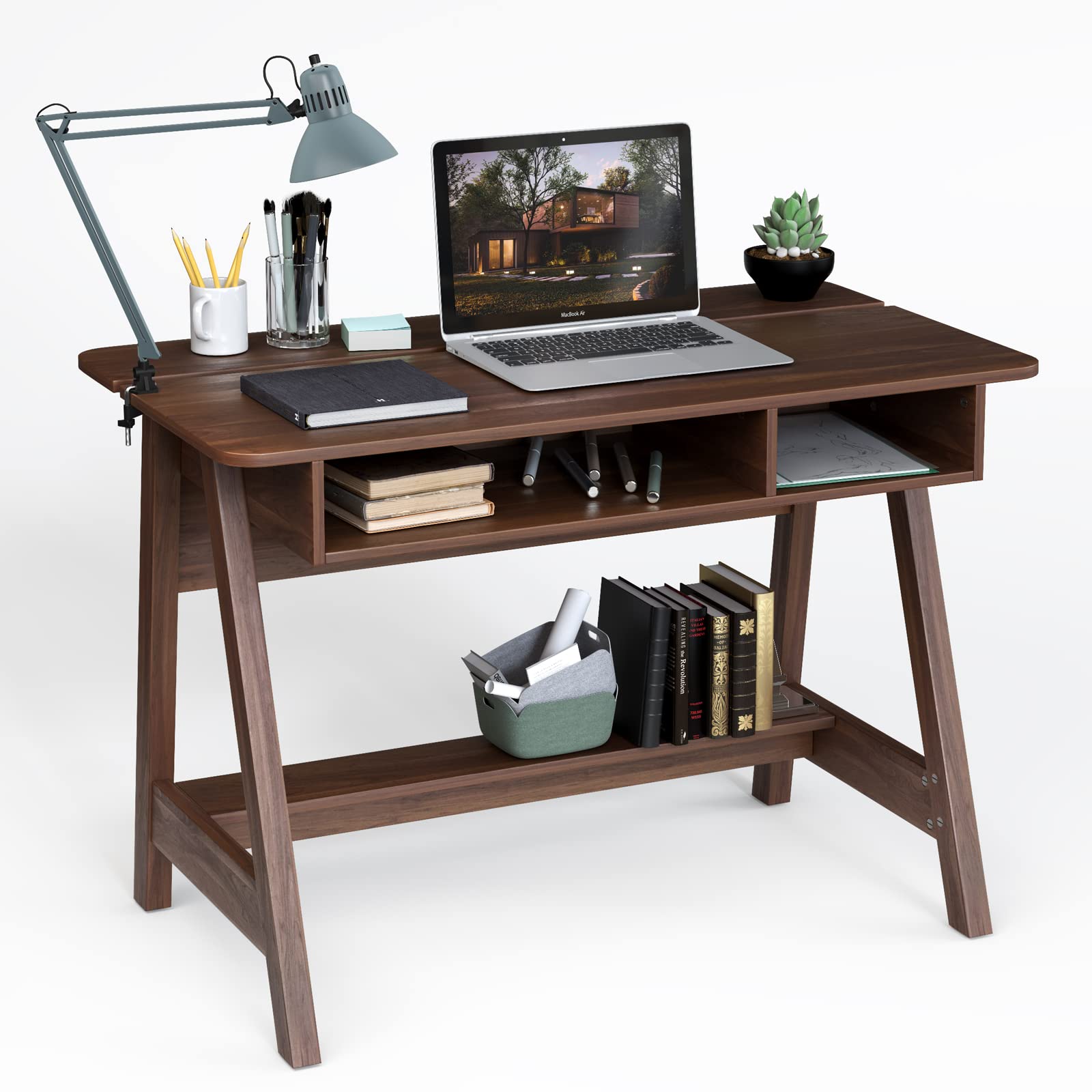 Tangkula Mid Century Modern Writing Desk with Storage Cubes & Hidden Compartment - Computer Desk, Makeup Vanity Table for Bedroom, Home Office Desk with Storage Shelf - Perfect for Small Spaces, Study, Work from Home & Dressing Area
