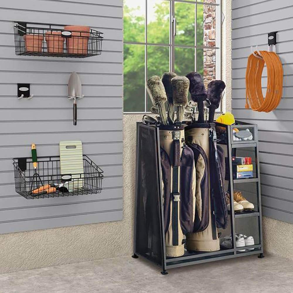 Suncast 2-Pack Garage Golf Bag Shelf Organizer with Adjustable Leveling Feet & 5-Inch Storage Bin - Perfect for Golf Clubs, Balls & Accessories - Ideal for Garage, Basement & Home Organization