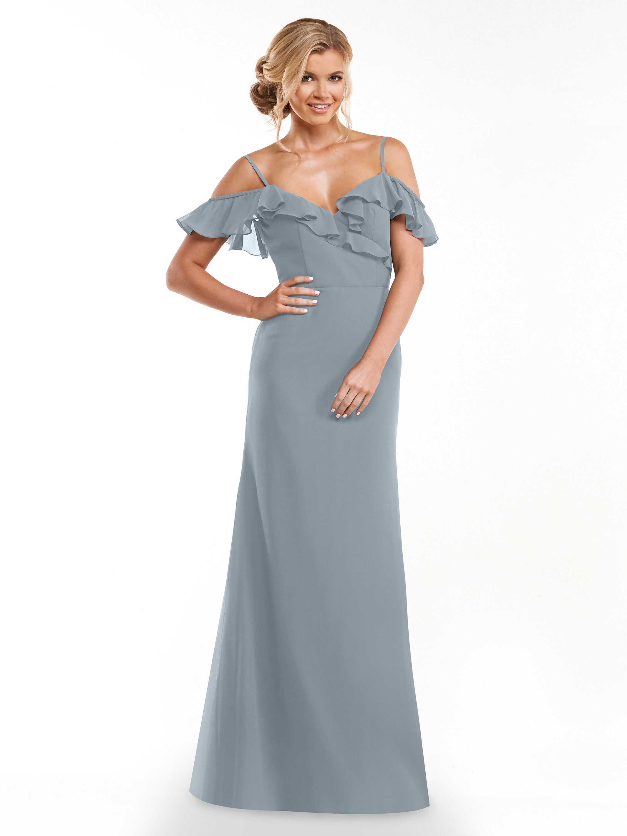 Elegant 80172 Chiffon Off-The-Shoulder A-Line Bridesmaid Dress with Ruffled Neckline - Perfect for Weddings, Formal Events & Evening Parties