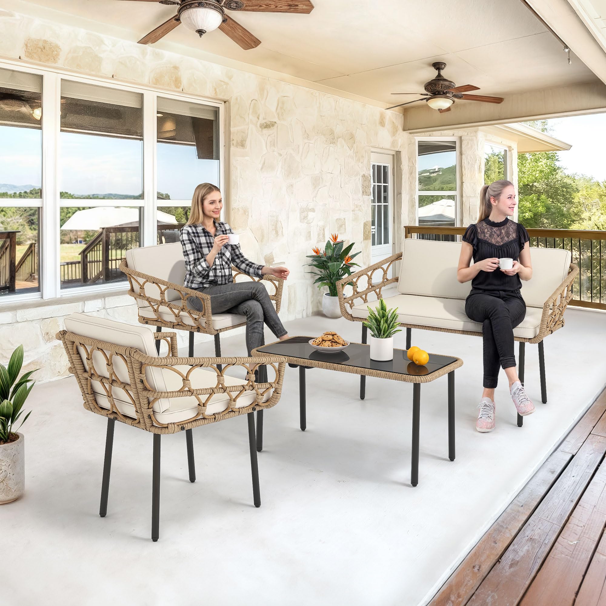 YITAHOME 4-Piece All-Weather Wicker Patio Furniture Set - Outdoor Bistro Conversation Set with Loveseat, Chairs, Table & Cushions for Backyard, Pool, Deck, Garden - Beige | Perfect for Outdoor Dining, Relaxing & Entertaining Guests