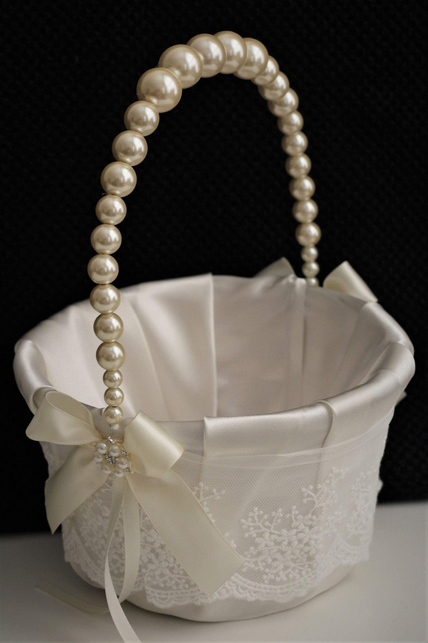 Ivory Ring Bearer Pillow and Flower Girl Basket Set - Heart Ring Pillow with Lace Wedding Basket & Pearl Handle - Perfect for Wedding Ceremonies, Bridal Showers, and Romantic Proposals