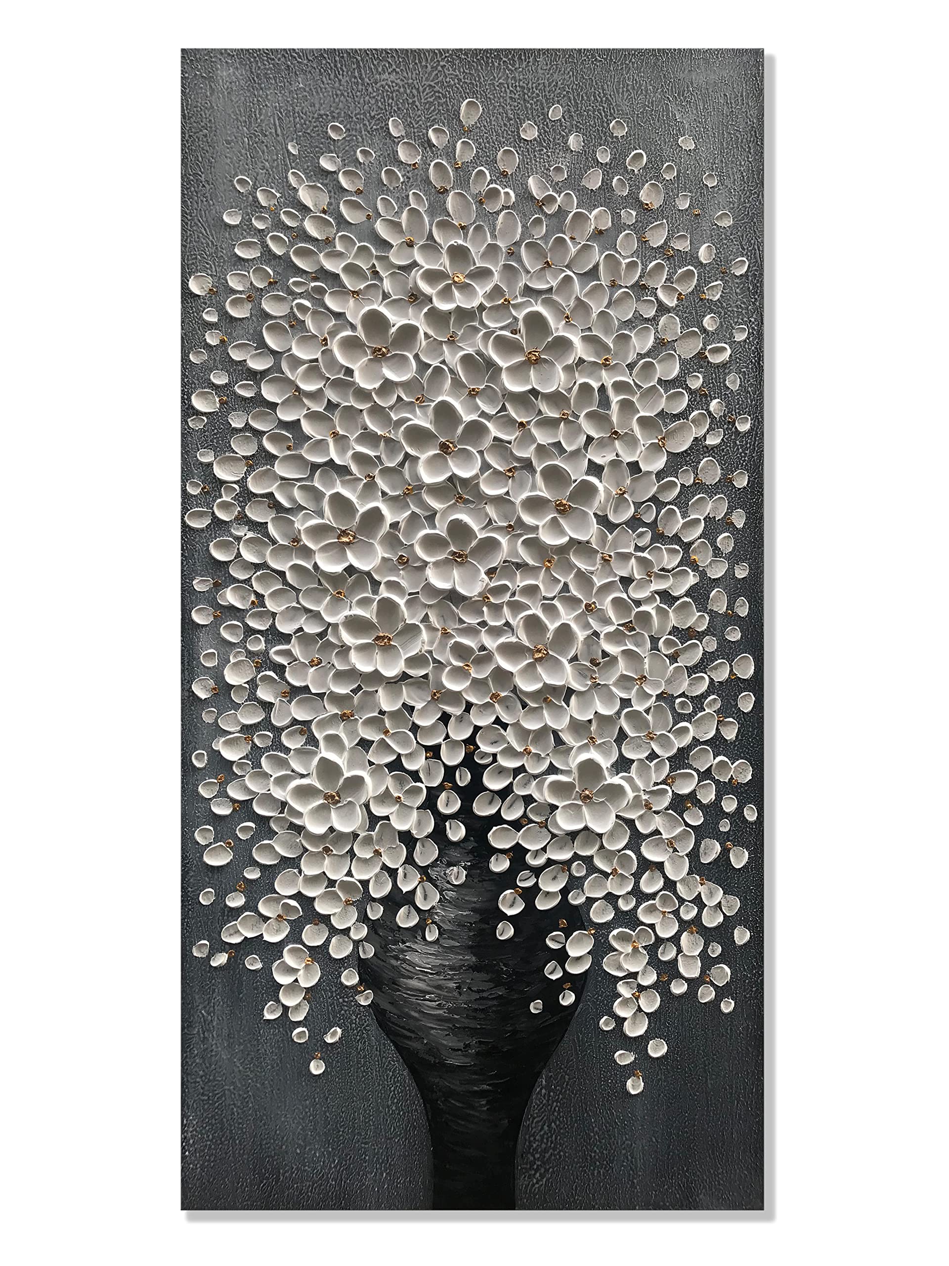 Alenoss 100% Hand Painted Floral Oil Painting - 24x48 Inch White Abstract Flower Canvas Wall Art - 3D Vertical Wall Decor for Dining Room, Hallway & Living Room - Perfect for Home Decor & Office Wall Art