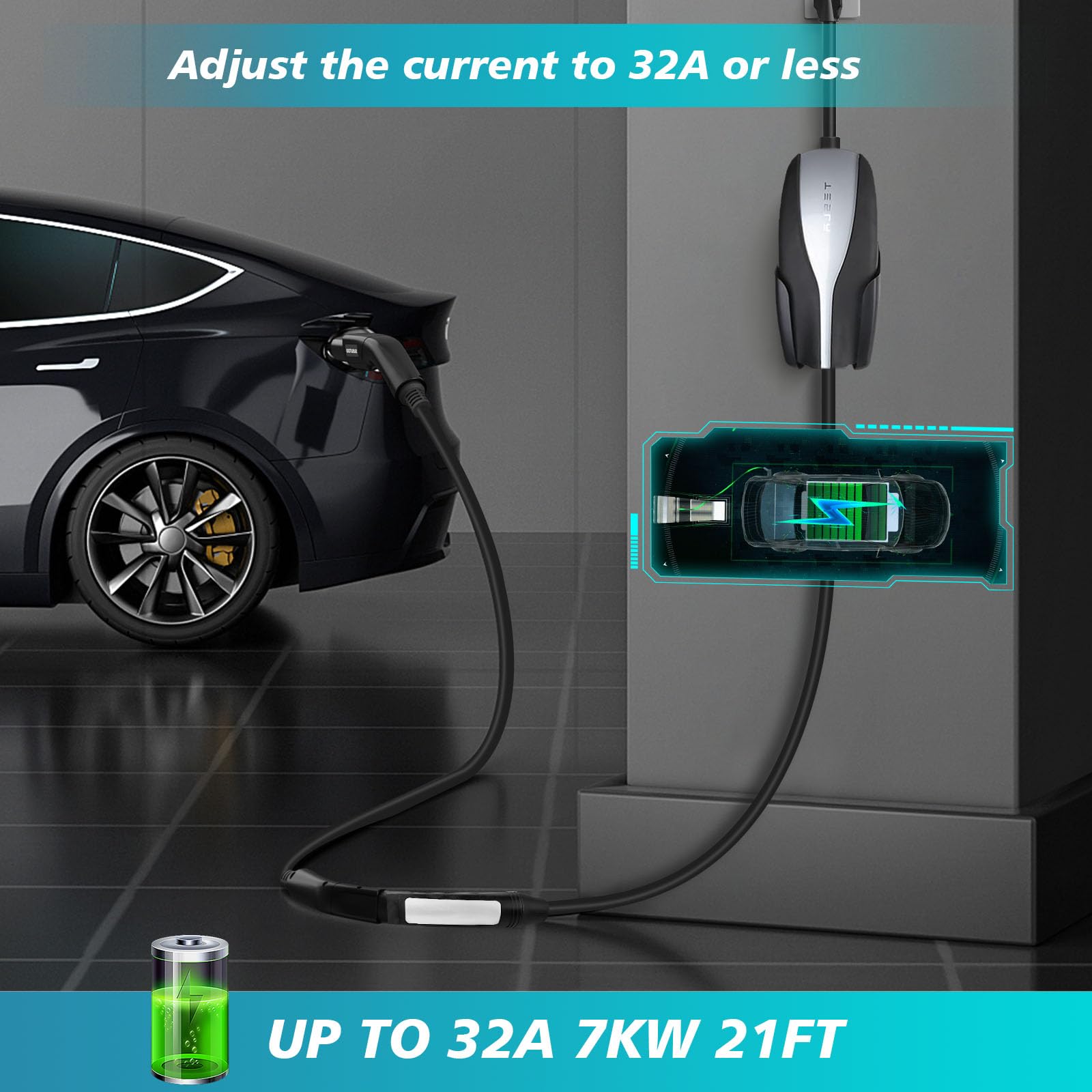 32A Tesla Charger Extension Cable - 20FT Heavy Duty EV Charging Cord for Level 1 & 2 with Storage Bag - Compatible with Tesla Models (Perfect for Home, Garage & Road Trip Charging)