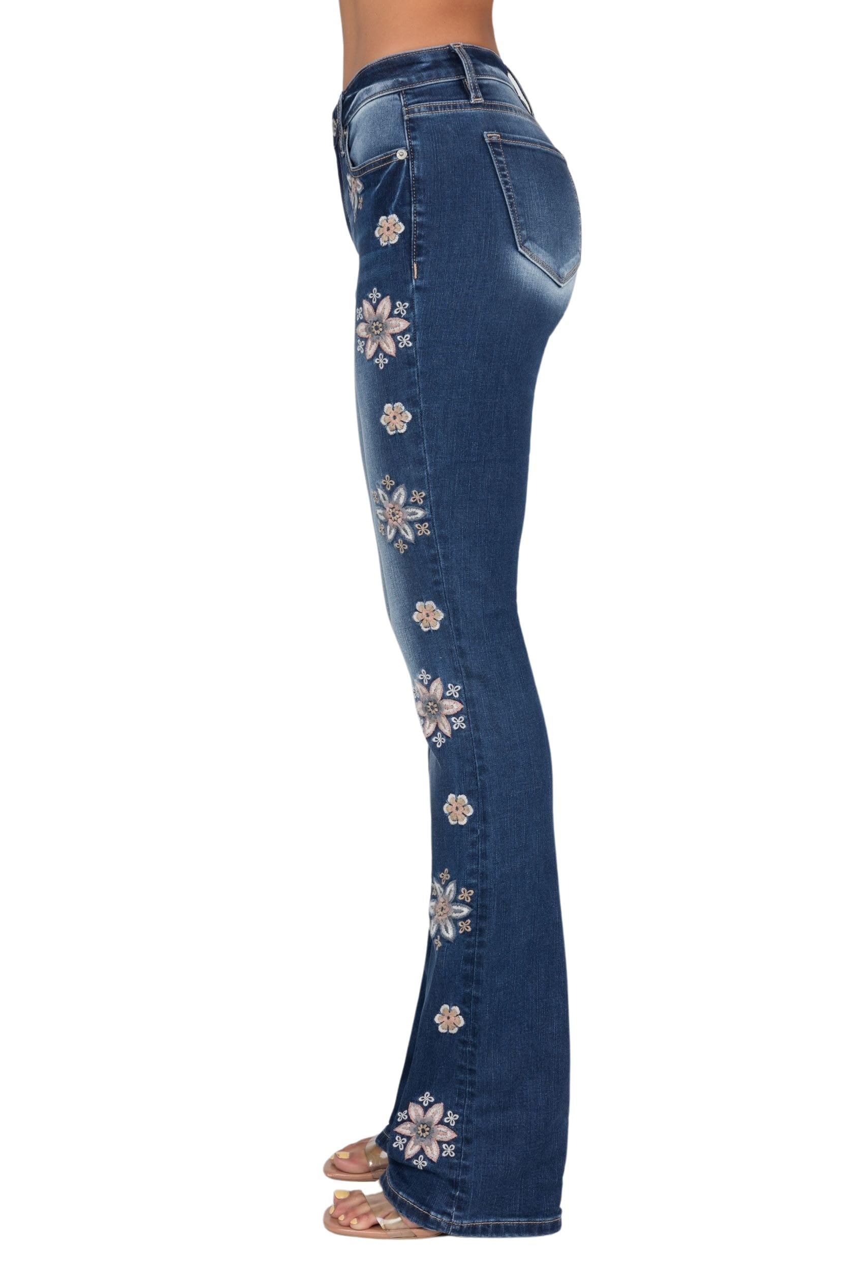 Miss Me Women's Falling Flowers Mid-Rise Bootcut Jeans - Stylish Denim Pants for Casual Wear, Office & Date Night Outfits