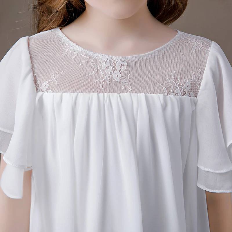 Elegant White Chiffon Communion Dress with Butterfly Sleeves - Tea Length Flower Girl Gown for First Holy Communion & Special Occasions