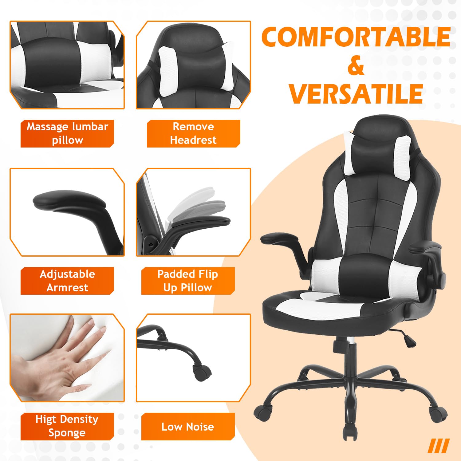 Ergonomic Gaming Chair - High Back Racing Office Chair with Lumbar Support, Flip-Up Arms & Headrest - Adjustable Swivel Rolling PU Leather Computer Desk Chair for Gamers & Professionals (White) - Perfect for Esports, Streaming & Home Office Workspaces