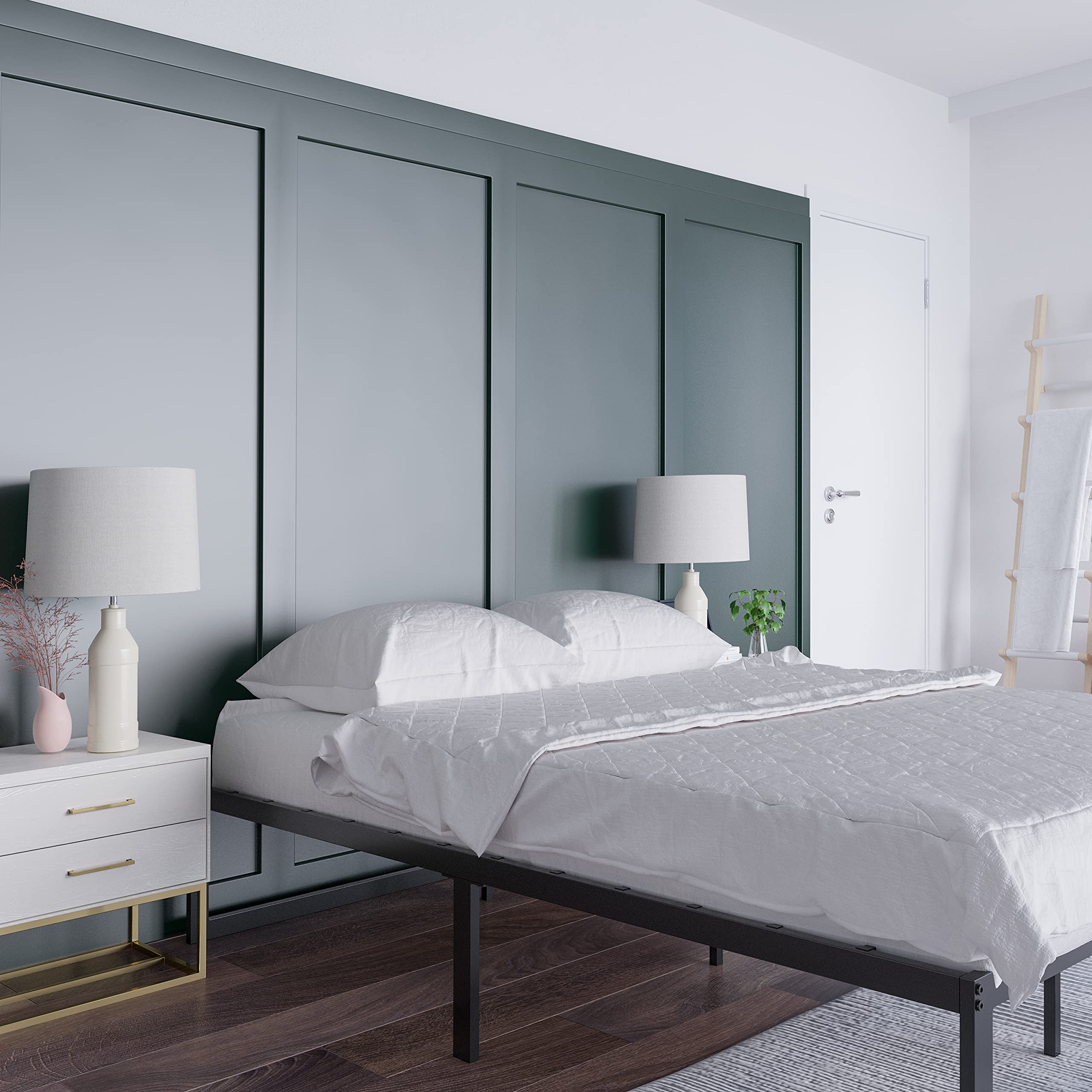 EMMA + OLIVER 14 Inch Full Metal Platform Bed Frame with Steel Slat Support - No Box Spring Needed - Sturdy Queen/King Size Bed Frame for Modern Bedroom & Guest Room