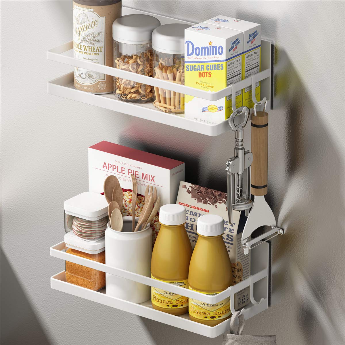VOLPONE Magnetic Spice Rack with 4 Removable Hooks - Strong Magnetic Shelf Organizer for Refrigerator, Oven, Stove, Washer - No Drill Kitchen Storage Solution (White, 2 Pack) - Perfect for Organizing Spices, Utensils & Small Kitchen Items