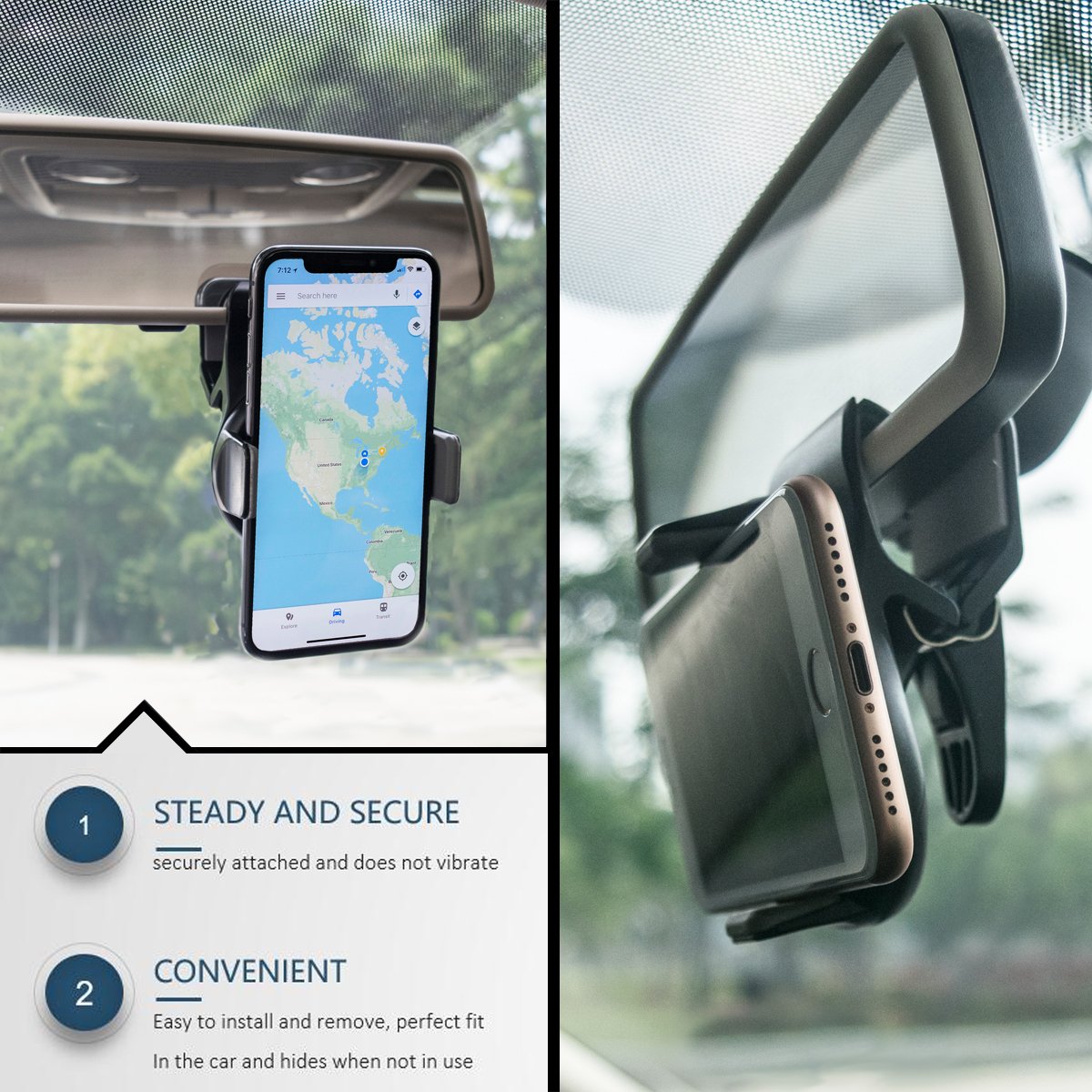 3-in-1 Universal Car Phone Holder - Steering Wheel, Air Vent & Rearview Mirror Mount for Smartphones & GPS (Black) | Perfect for Hands-Free Driving, Navigation & Road Trips