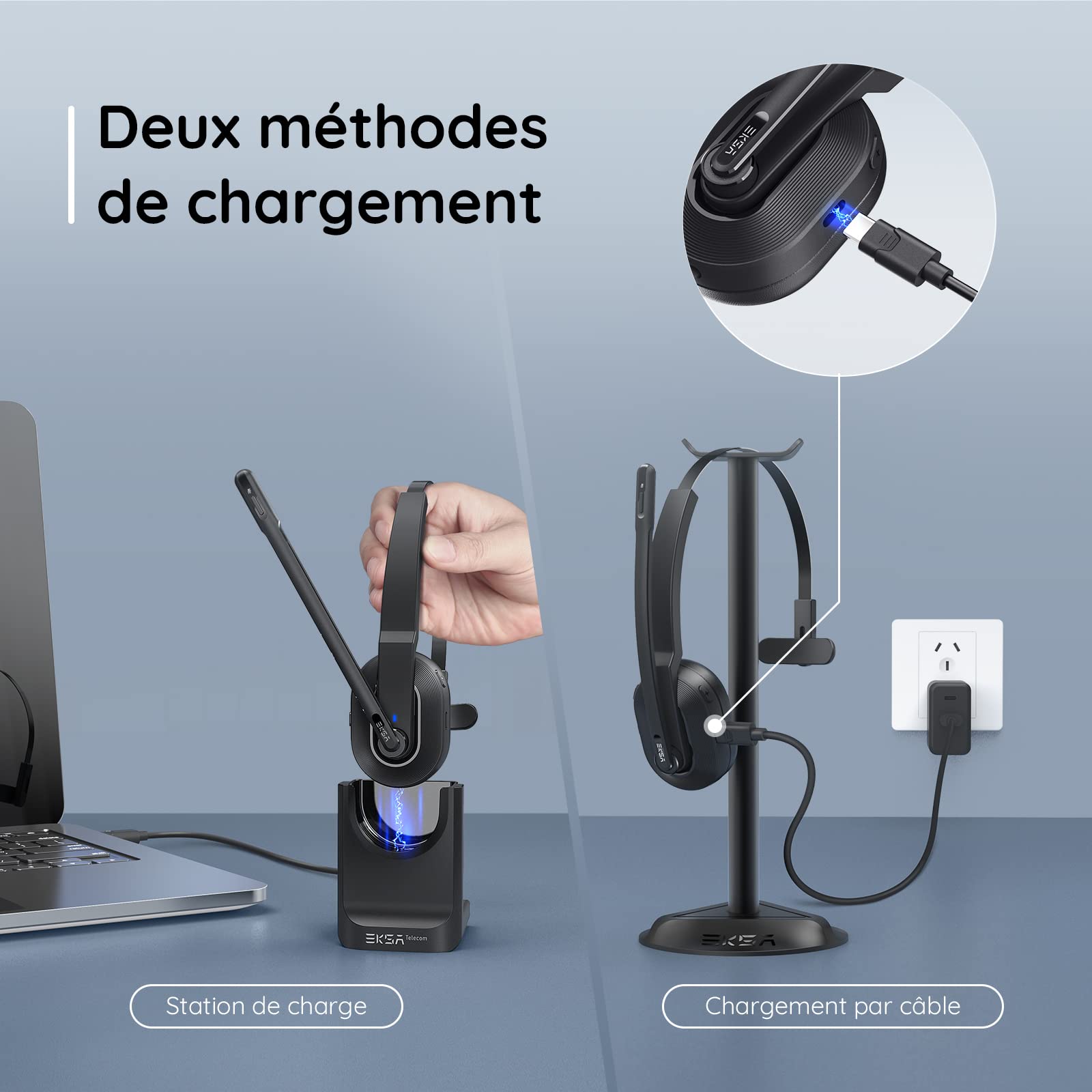 EKSA H5 Wireless Bluetooth Headset with Noise Cancelling AI Mic & USB Dongle - 45H Playtime, 10m Range, Charging Station - Mono PC Headset for Office, Call Center, Remote Work & Online Meetings