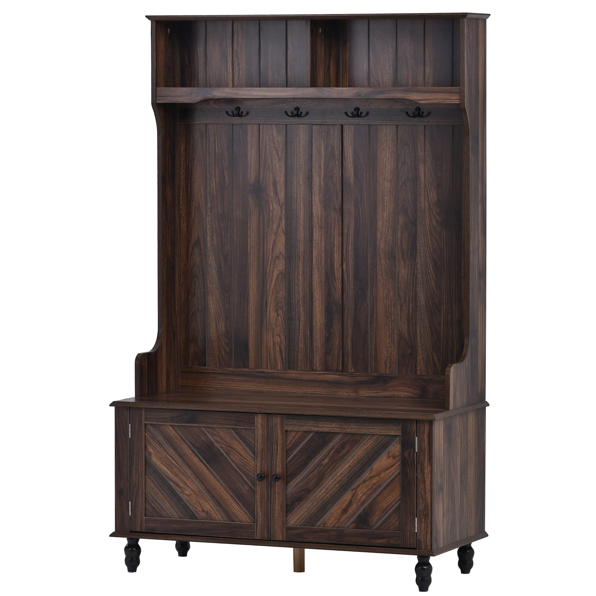 Modern Hall Tree with 4 Hooks & Storage Bench - Wooden Entryway Coat Rack with 2 Open Shelves, 4-in-1 Space Saving Design for Hallway, Foyer or Mudroom - Perfect for Organizing Coats, Shoes & Accessories