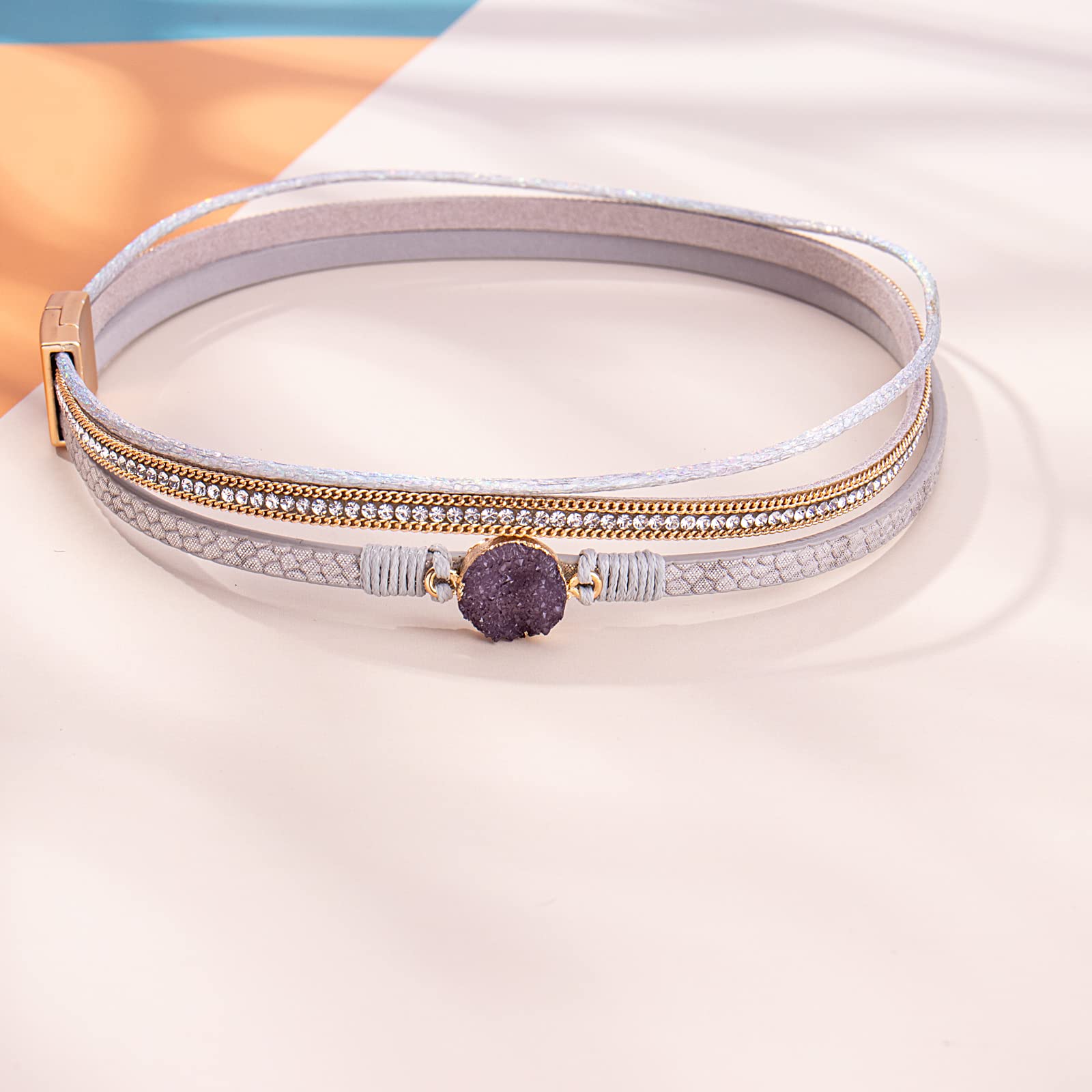 Boho Wrap Bracelet for Women - Shiny Leather Cuff with Resin Stone & Clasp | Bohemian Jewelry for Everyday Wear, Festivals & Layering