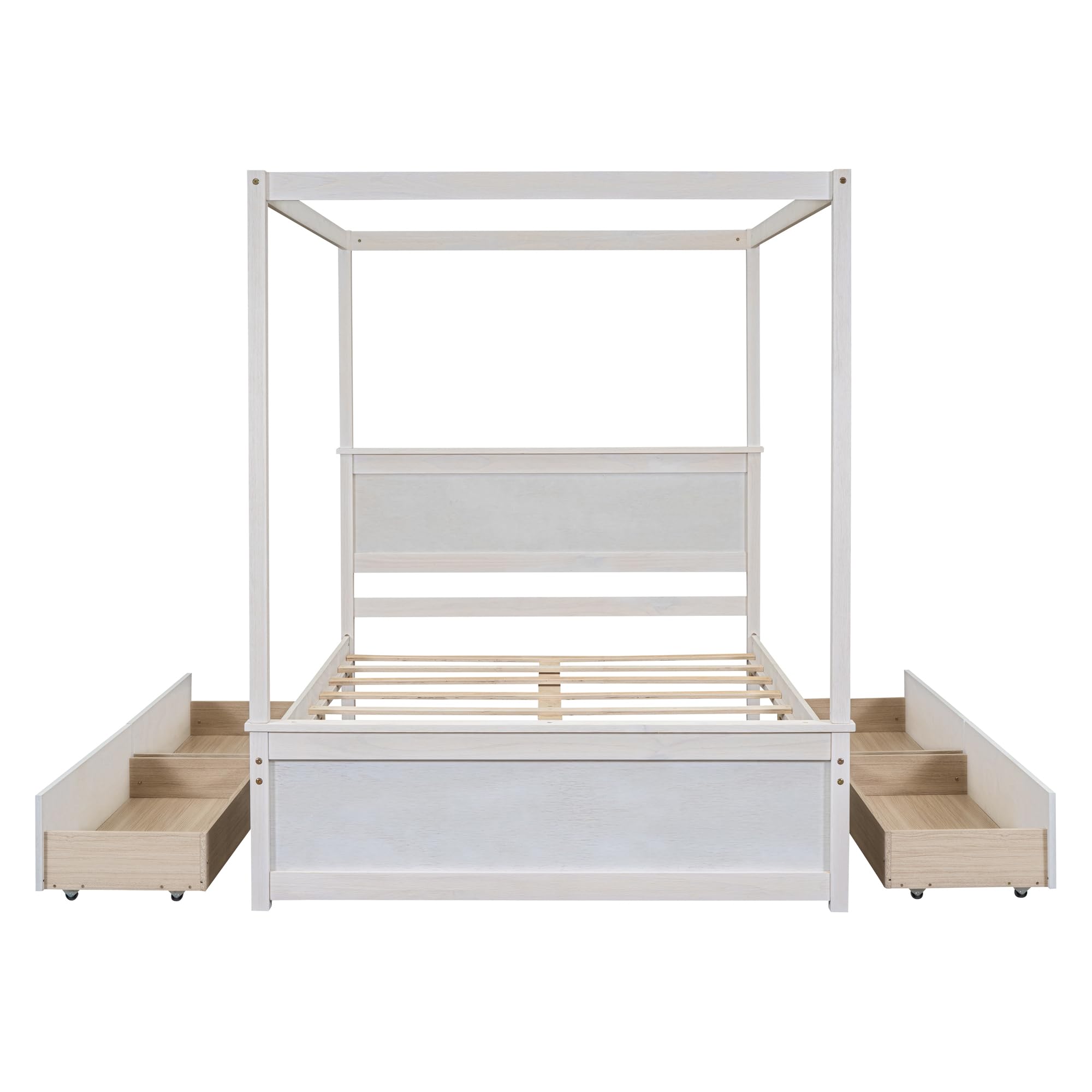 Full Size Canopy Bed with 4 Storage Drawers & Headboard - Wooden Platform Bed Frame, Four Poster Bed in Brushed White - Perfect for Master Bedroom, Guest Room & Small Space Storage Solutions