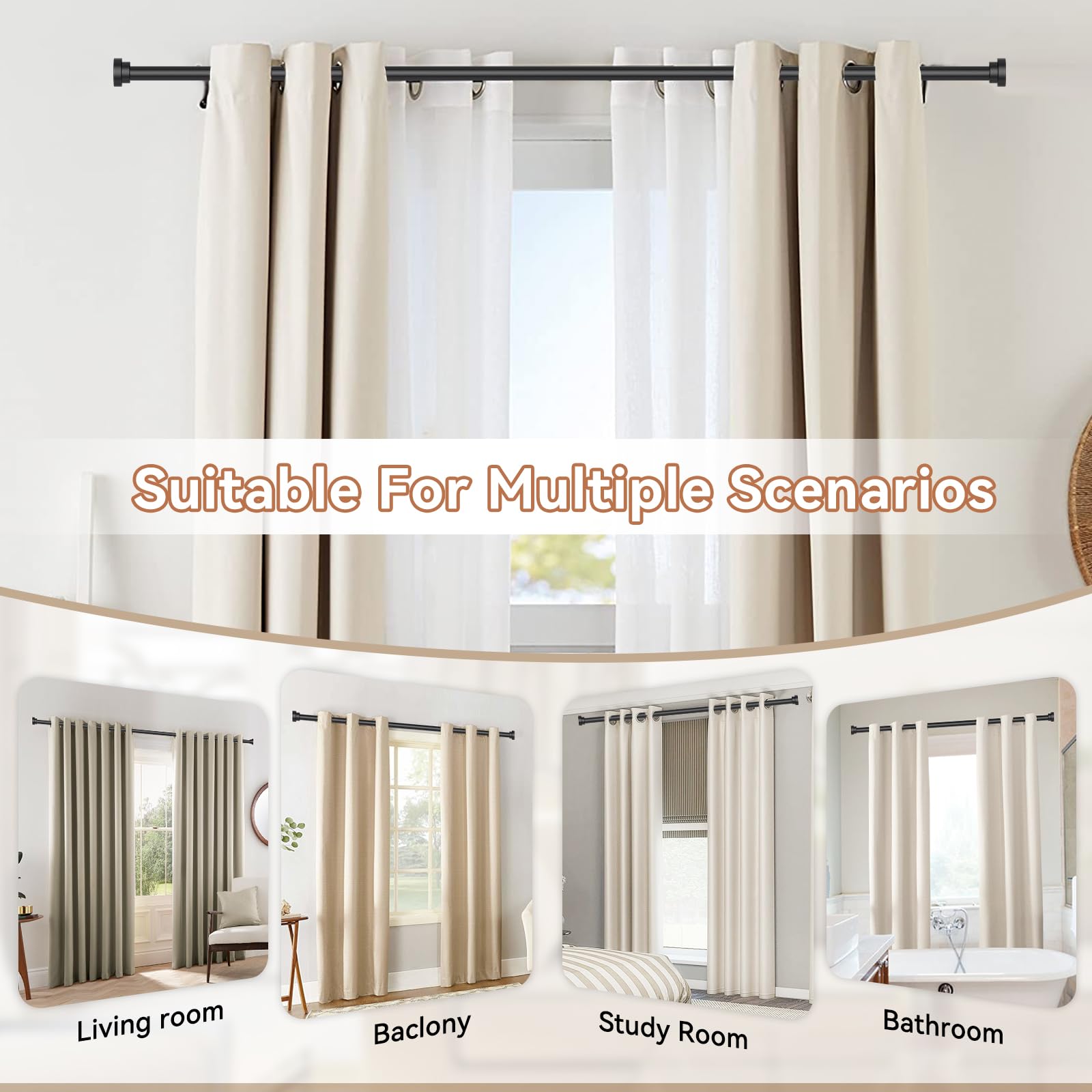 Black Curtain Rods for Windows 28-48 Inches (2.3-4ft) - 5/8 Inch Diameter Heavy Duty Metal Small Curtain Rod with Brackets - Modern Decorative Drapery Rod for Living Room, Bedroom & Office Window Treatments