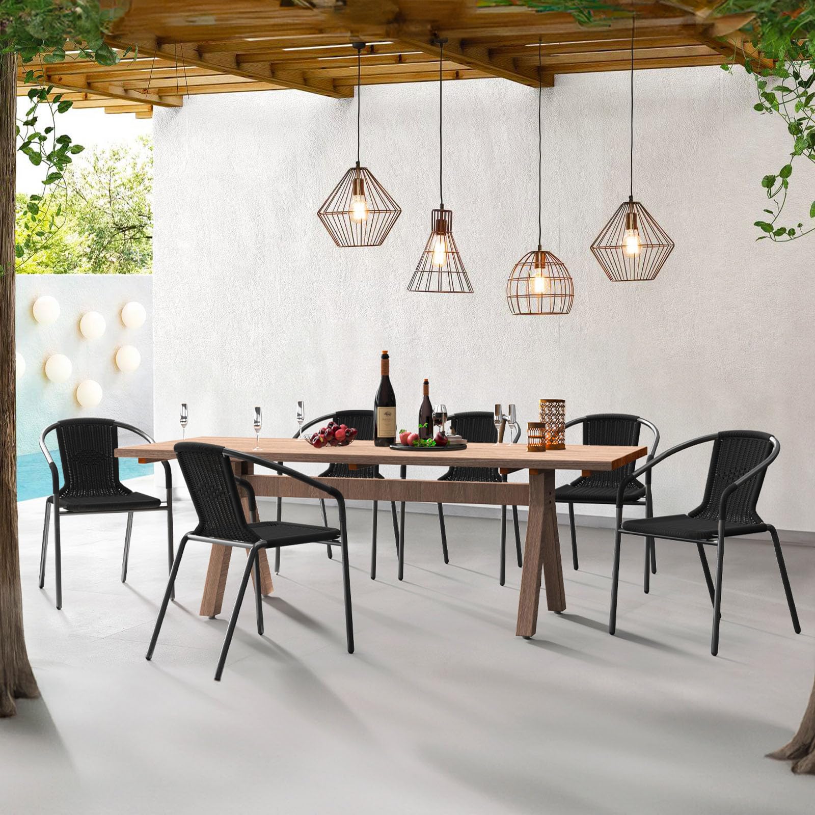 Amopatio 4-Piece Outdoor Dining Chairs Set - Black Wicker Patio Chairs with Sturdy Metal Frame, Rattan Indoor/Outdoor Stackable Chairs for Bistro, Deck, Yard, Porch, Restaurant | Perfect for Backyard BBQs, Poolside Lounging & Outdoor Entertaining