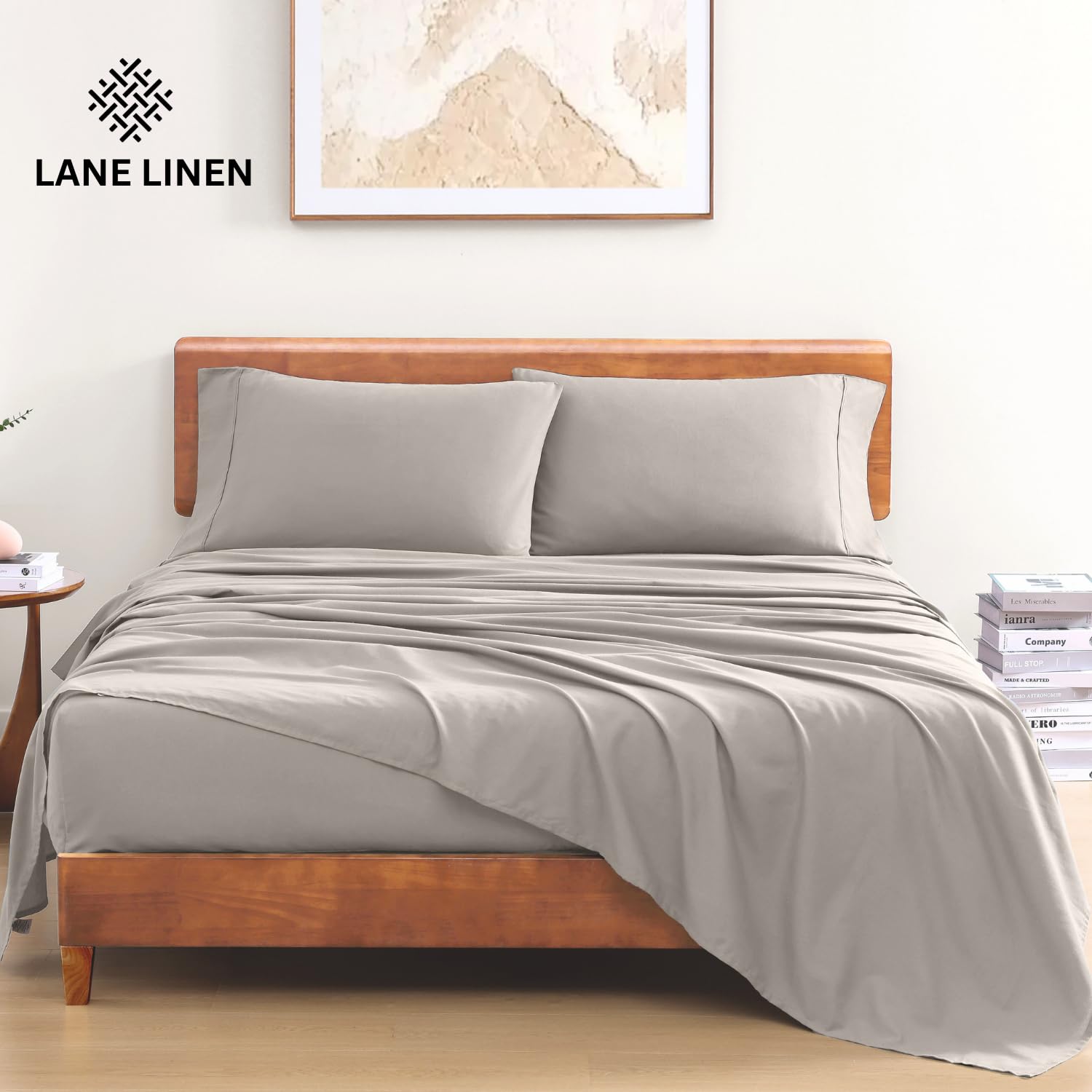 LANE LINEN 100% Organic Cotton Mercerized Queen Sheet Set - Soft, Breathable & Cooling Percale Weave Bed Sheets - Fade & Pill Resistant - Silver | Perfect for Hot Sleepers & Luxury Bedroom Decor