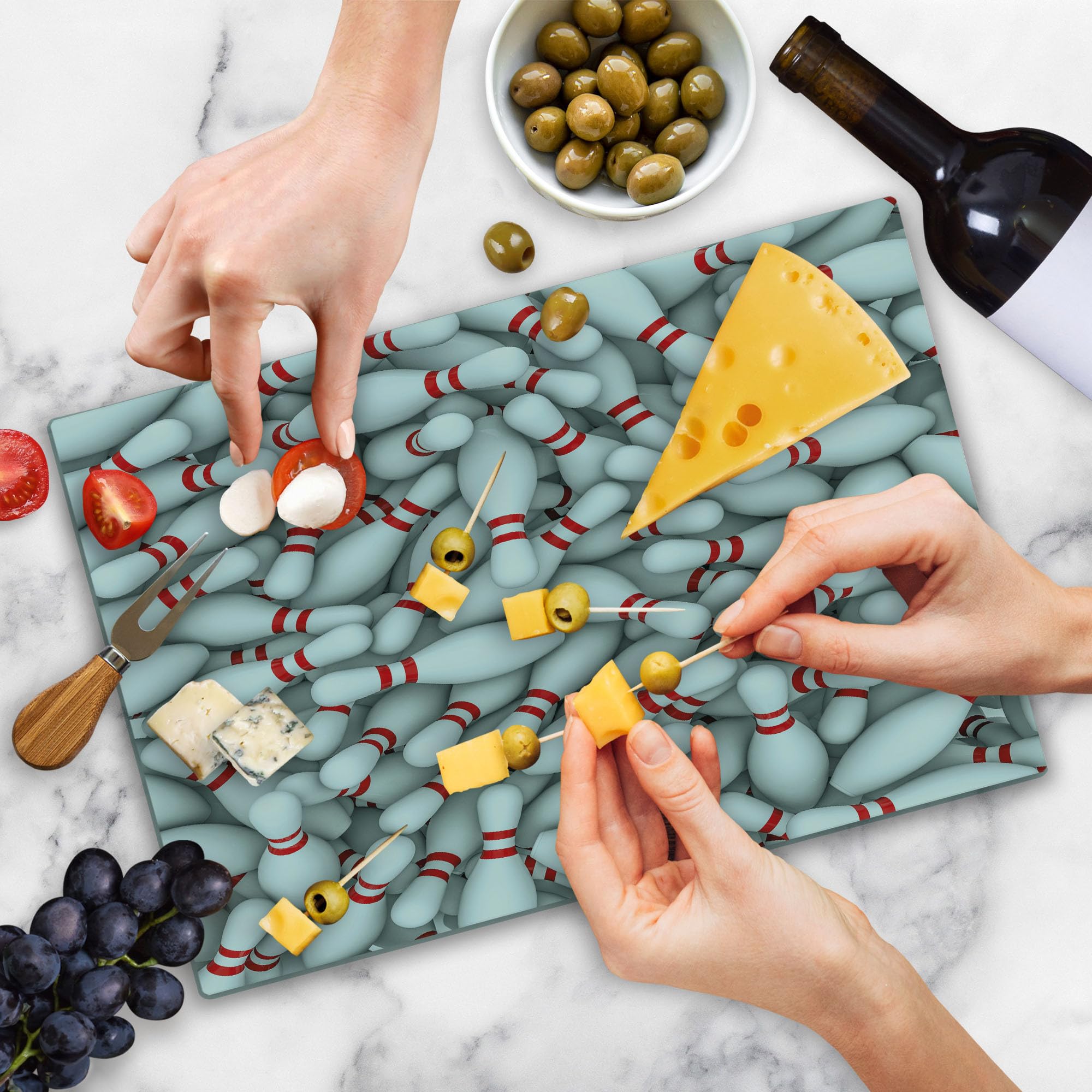 Ambesonne Bowling Party Cutting Board - 3D Printed Tempered Glass Serving Board with Vivid Bowling Pins & Red Stripes - Large Red & White Decorative Kitchen Accessory - Perfect for Bowling Themed Parties, Game Nights & Unique Gifts