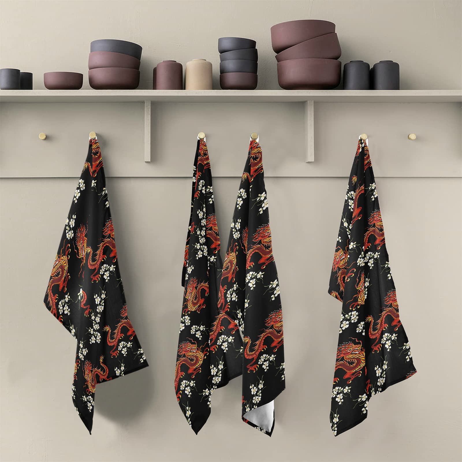 ALAZA Japanese Dragon Floral Kitchen Towels Set of 4 - Super Absorbent Soft Dish Cloths (18x28 Inches) for Dish Drying, Bar Cleaning & Tea Towel Use