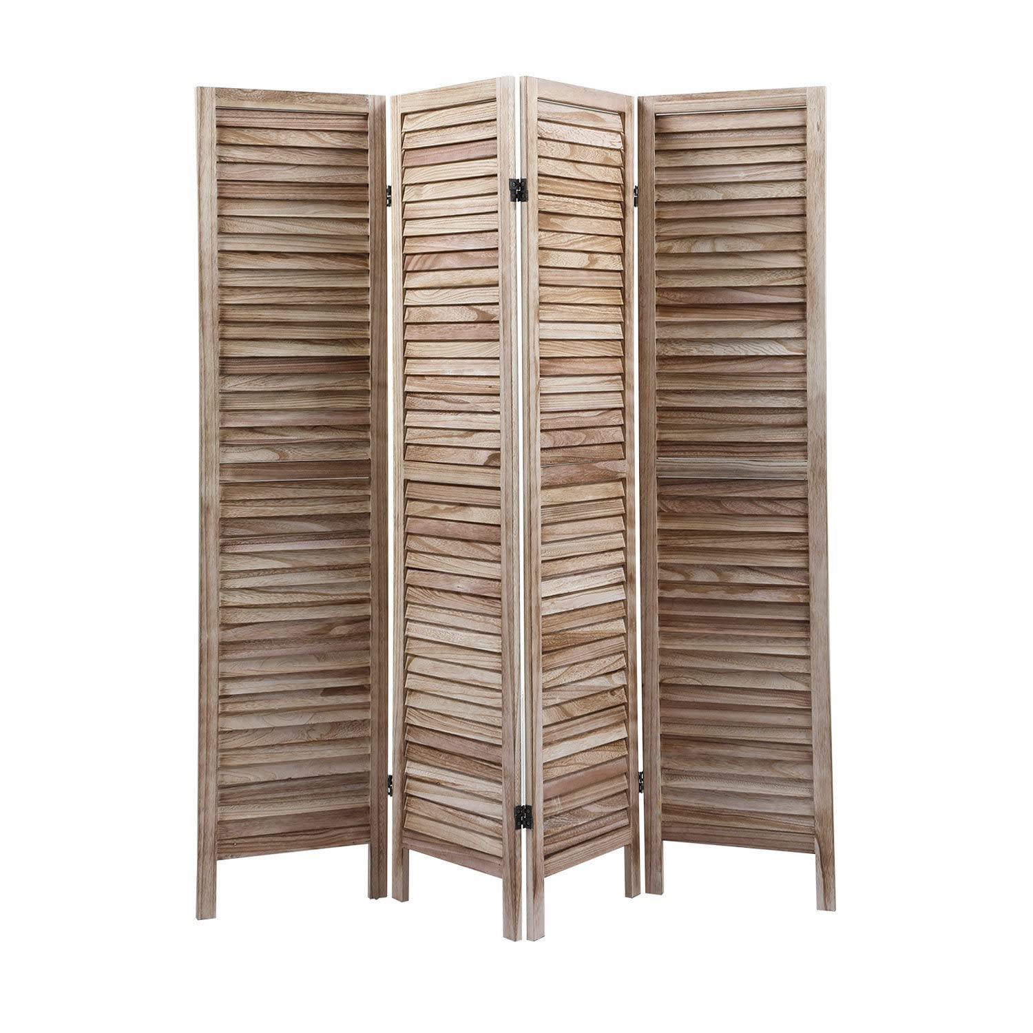 XNKLMEX 4 Panel Folding Room Divider - Solid Sycamore Wood Louvered Screen with Shelves | Freestanding Partition for Living Room, Bedroom & Office (A1)