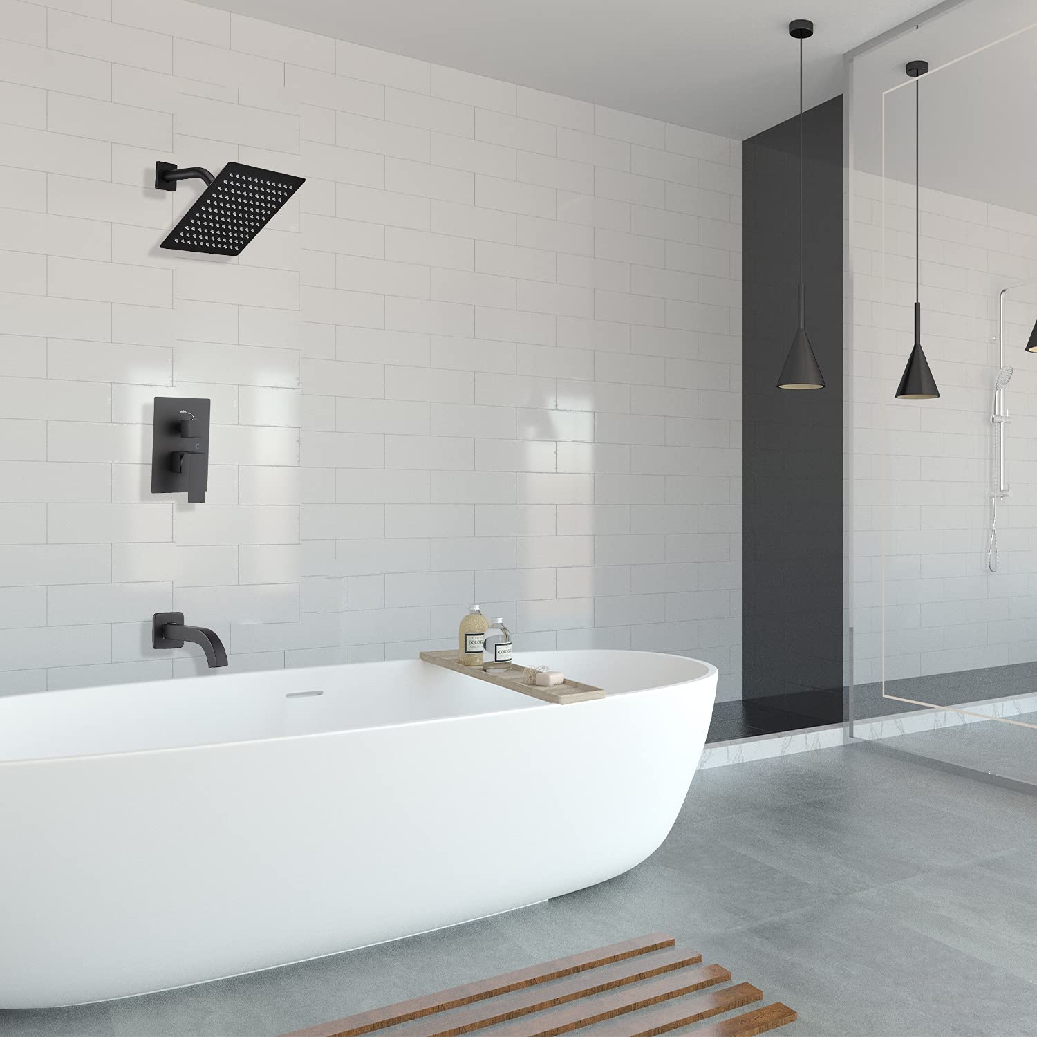 GGStudy Single Function Shower Trim Kit with Rough-in Valve - 8 Inch Square Stainless Steel Rainfall Shower System with Tub Faucet - Matte Black Finish for Modern Bathrooms - Perfect for Spa-Like Showers and Relaxing Baths