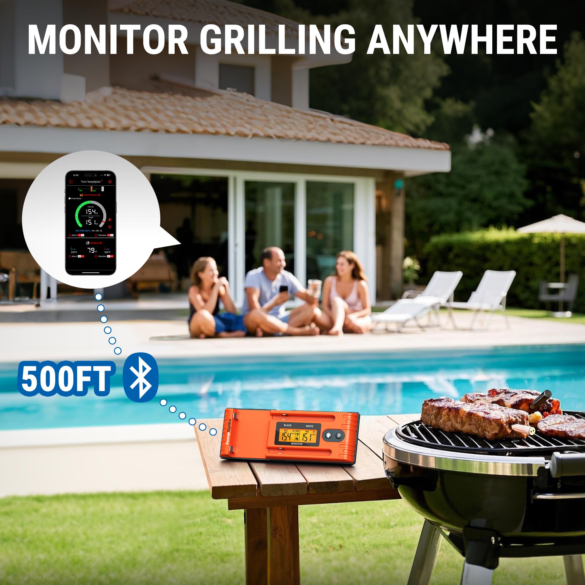 TempSpike 500FT Wireless Meat Thermometer with Dual Probes - Bluetooth BBQ Thermometer for Grilling, Smoking, Rotisserie - LCD Display & Long Range - Perfect for Turkey, Beef, Chicken & Outdoor Cooking