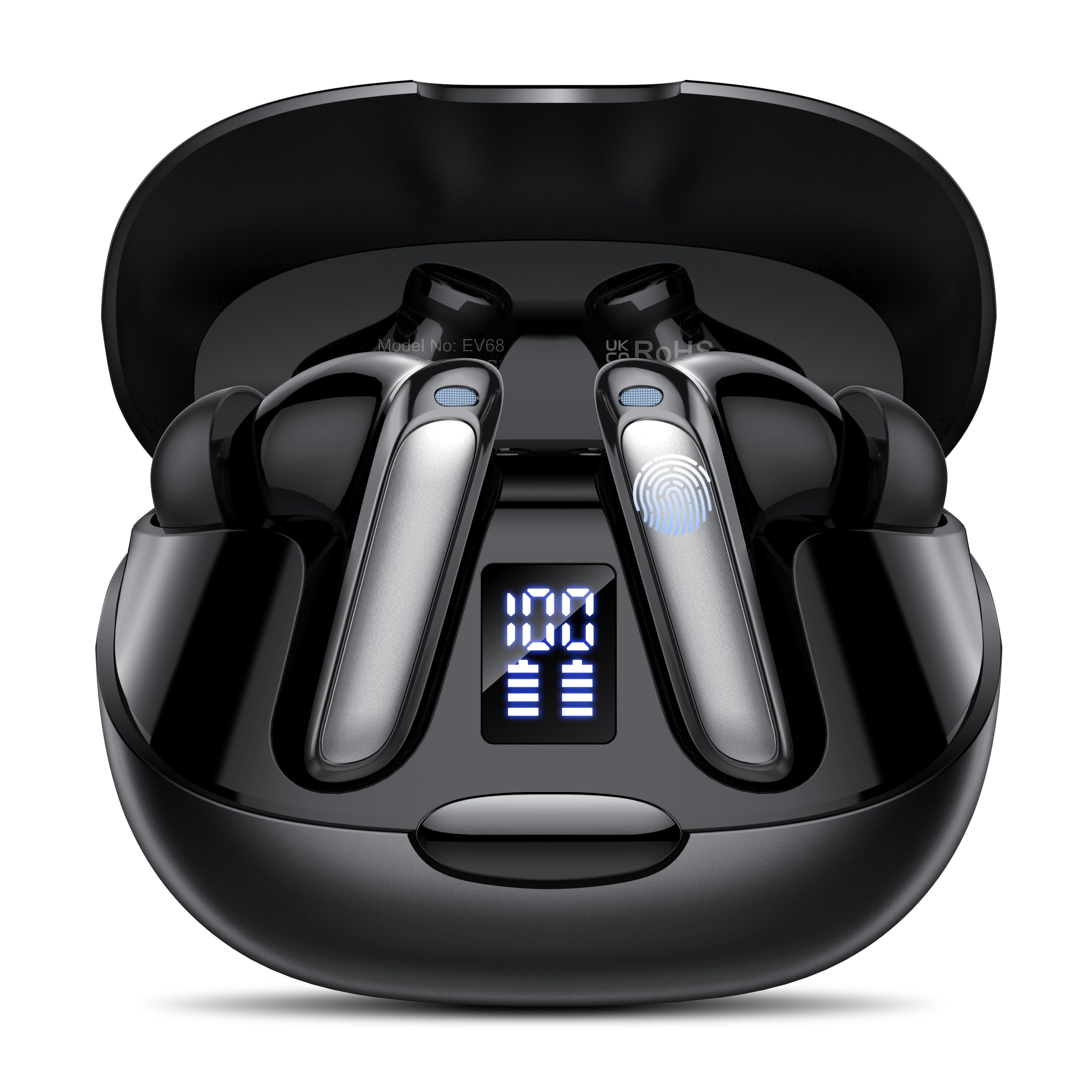 Premium Bluetooth Headphones HiFi Stereo Wireless Earbuds with ENC Noise Cancelling Mic, IPX7 Waterproof, LED Display & Touch Control - Perfect for Running, Gym, Workouts & Commuting - Black