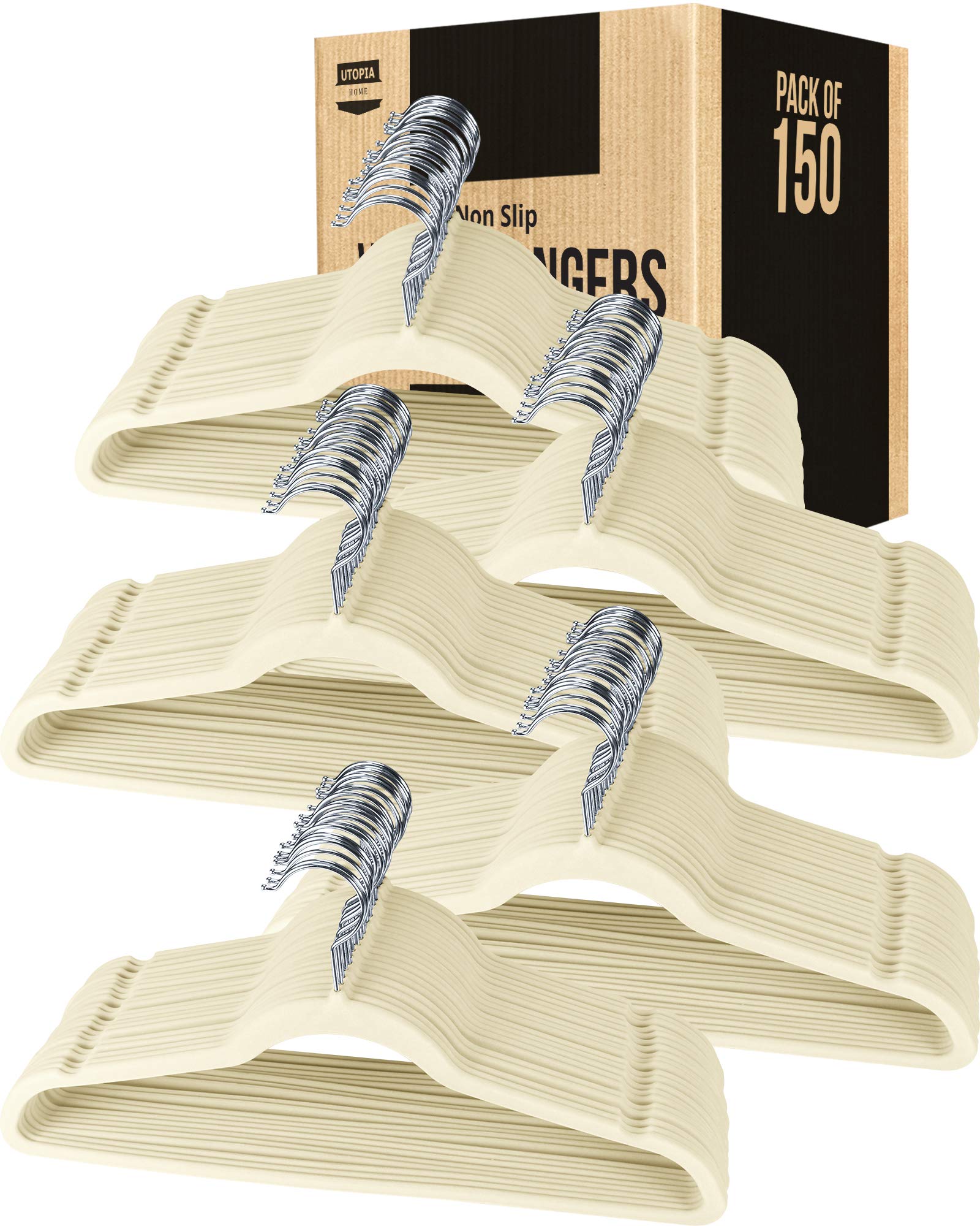 Utopia Home 150 Pack Velvet Non-Slip Clothes Hangers with 360 Degree Rotatable Hook - Heavy Duty Coat & Pants Hangers in Ivory - Perfect for Closet Organization, Wardrobe Storage and Travel Packing