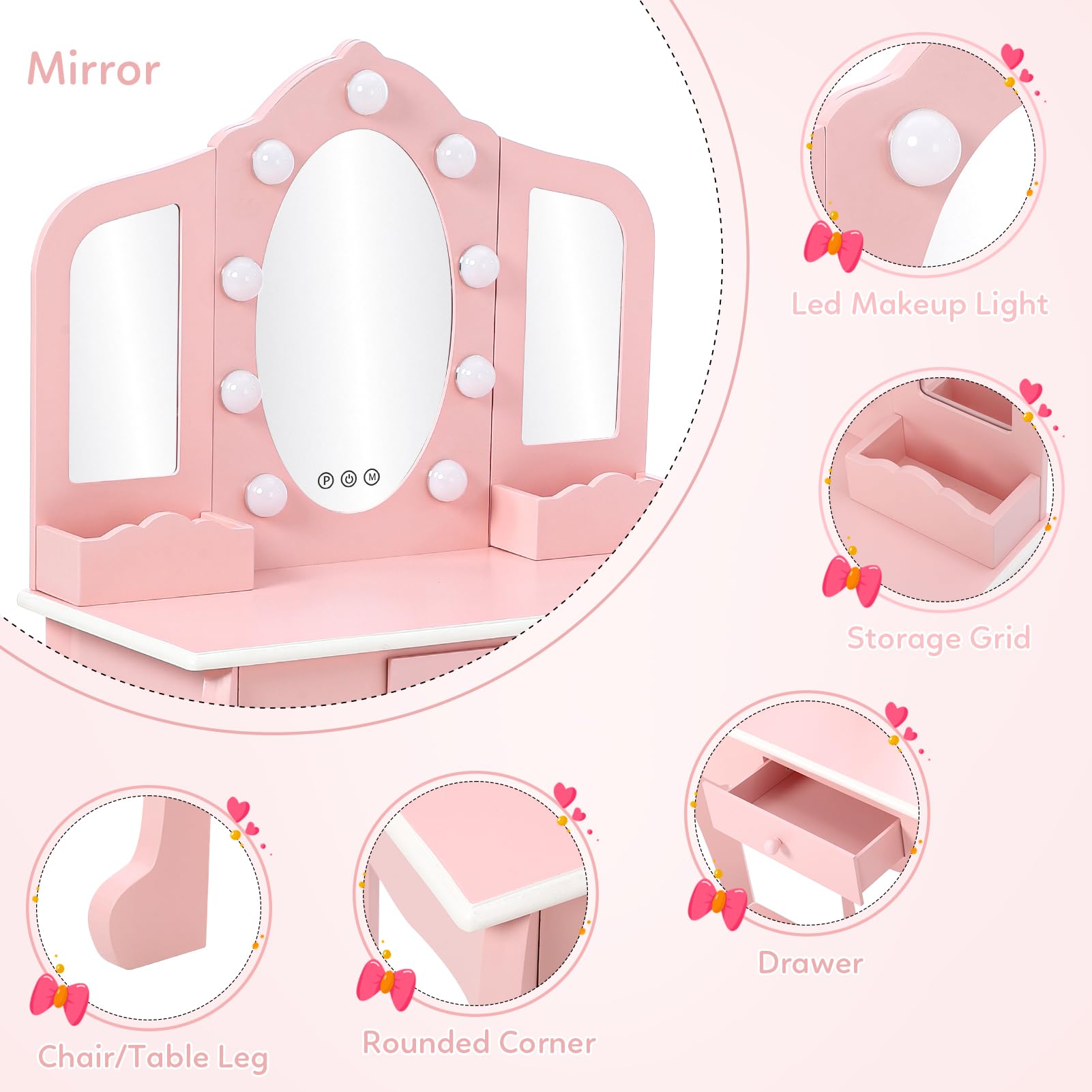 Kids Vanity Set with 3 Mirrors & Drawer - Wooden Makeup Playset with Lights for Girls Ages 4-9 | Pretend Play Dress-Up Toy | Birthday Gift for Toddlers & Preschoolers (Pink)