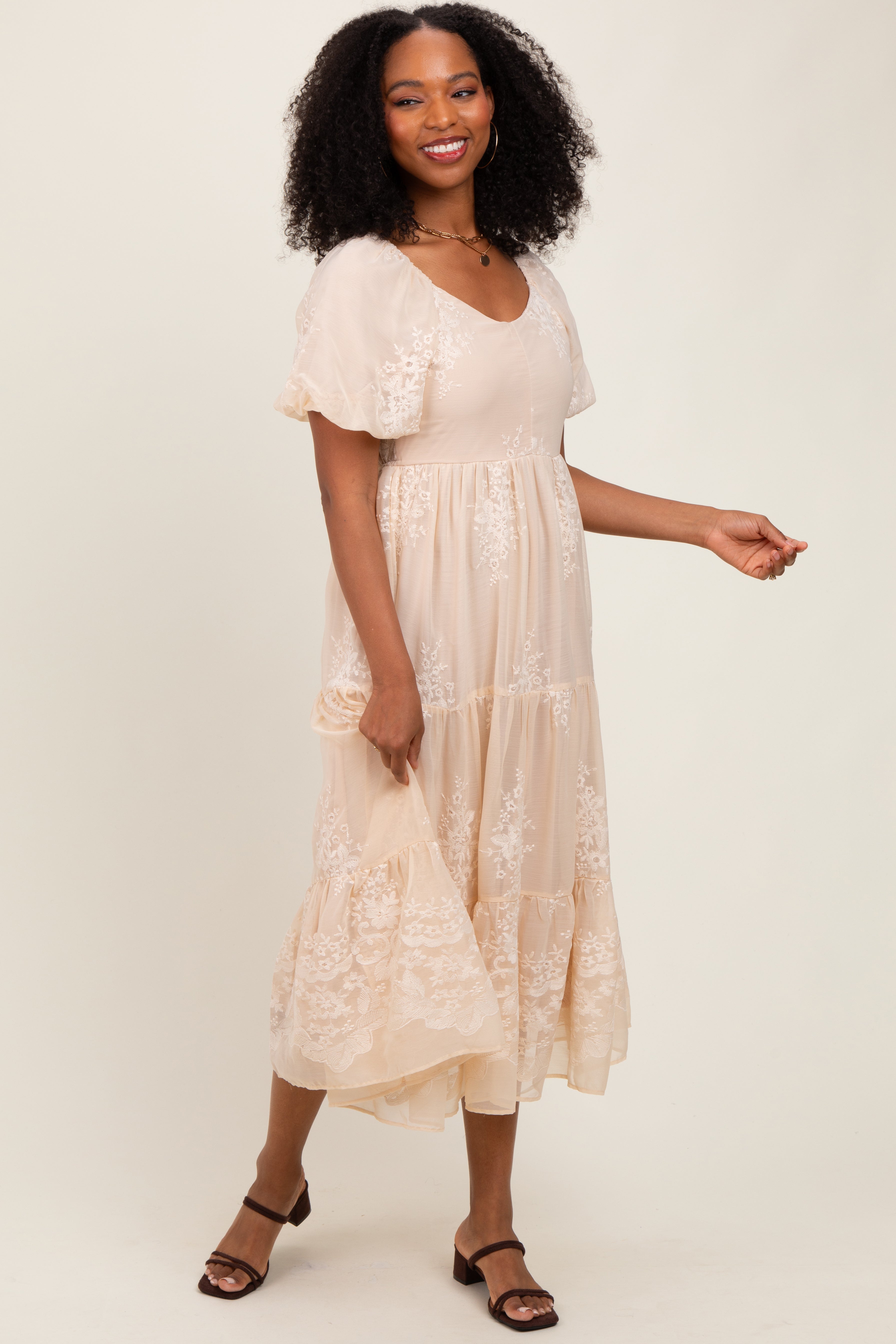 Beige Floral Embroidered Chiffon Midi Dress for Women - Elegant Summer Party & Wedding Guest Outfit