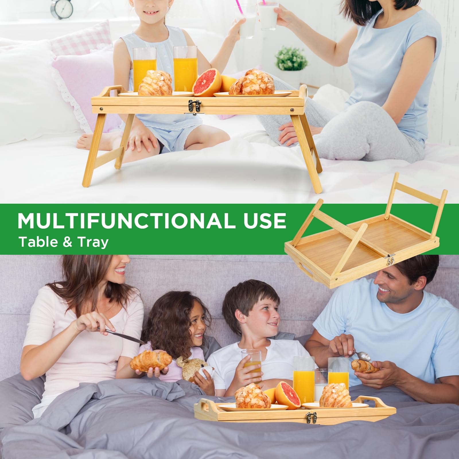 Foldable Bamboo Breakfast Tray with Handles - Portable Laptop Desk for Sofa, Bed & Office - Lightweight Serving Tray for Eating, Working & Snacking | Perfect for Breakfast in Bed, Home Office & Dorm Room Use