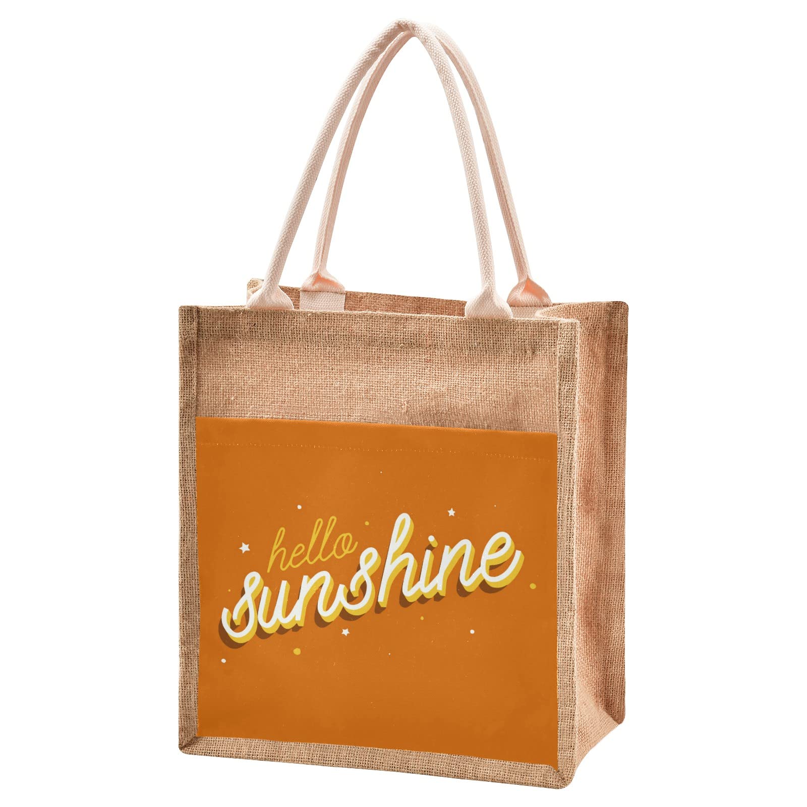 Linqin Hello Sunshine Orange Jute Tote Bag - Waterproof Burlap Straw Grocery Bag with Sturdy Handles for Shopping, Travel & Beach - Perfect for Farmers Market, Picnics and Summer Outings