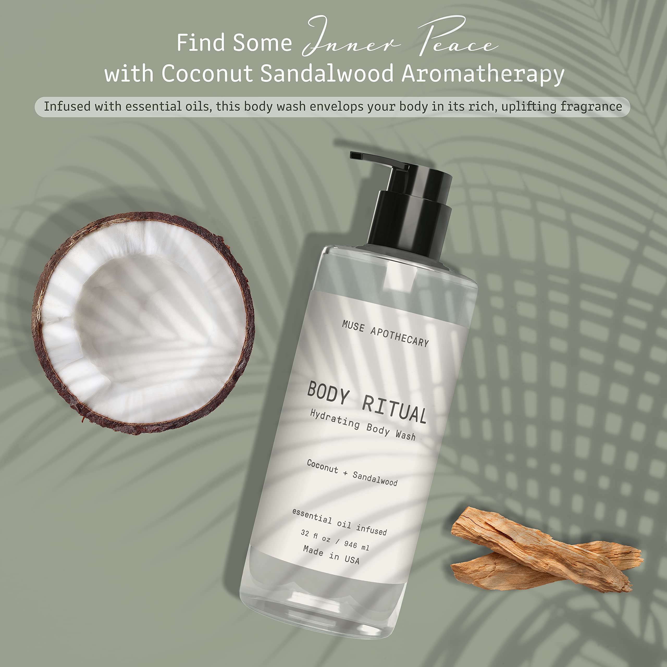 Muse Apothecary Hydrating Coconut Sandalwood Body Wash for Women & Men - Essential Oil Infused Aromatherapy Shower Gel - 32 Ounce - Perfect for Relaxing Bath & Spa Experience