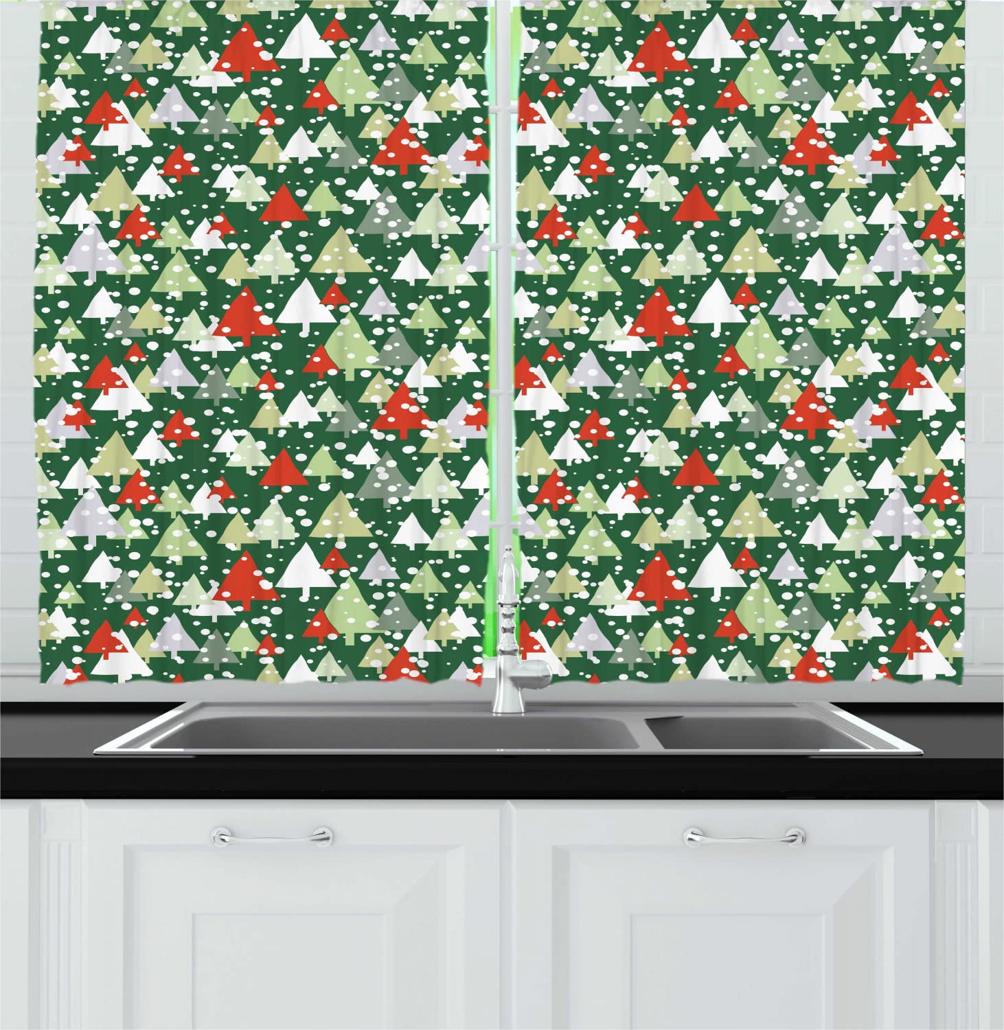 Ambesonne Winter Long Kitchen Curtains - Christmas Forest Pine Trees Snow Silhouette Pattern, 2 Panel Rod Pocket Drapes for Living Room Decor, 55